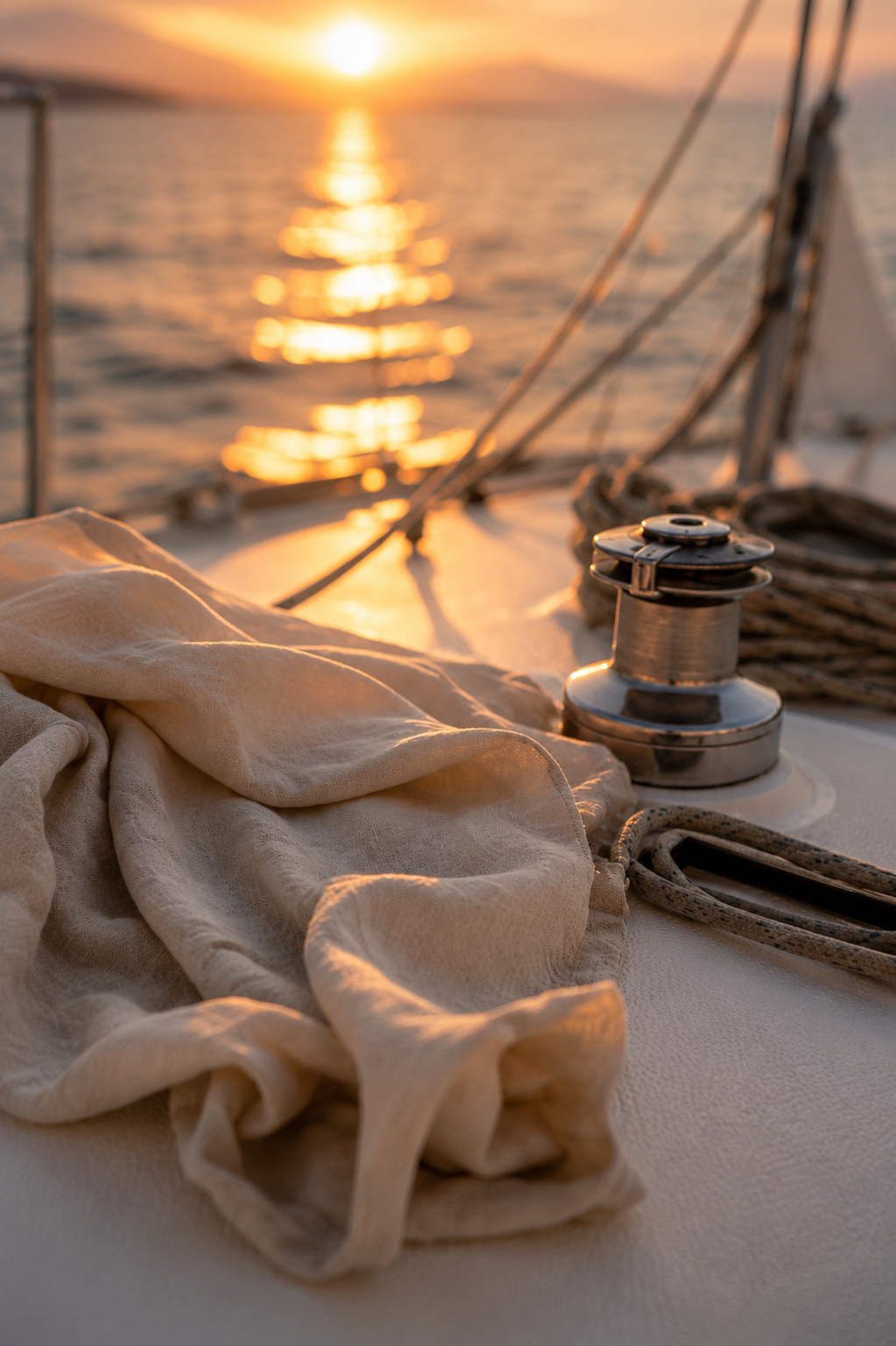 Voilier au coucher du soleil, voile blanche drapée et winch métallique au premier plan, mer floue.