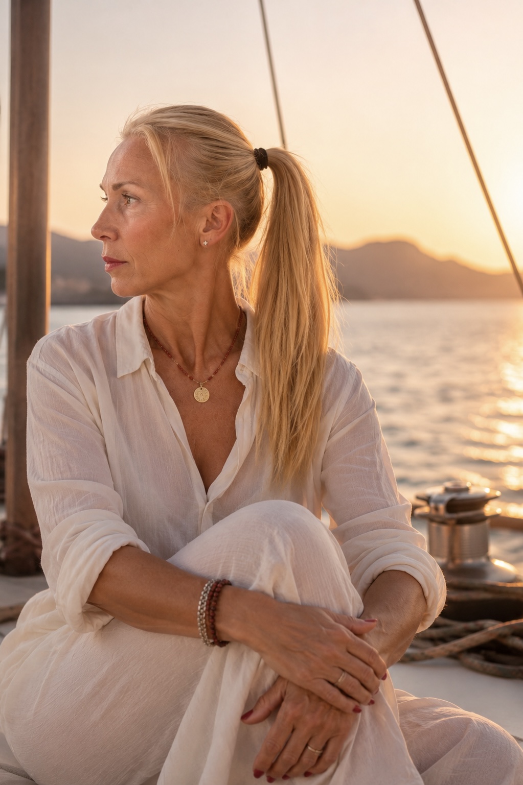Femme blonde assise au bord de l’eau, portant une chemise blanche, regardant au coucher du soleil.