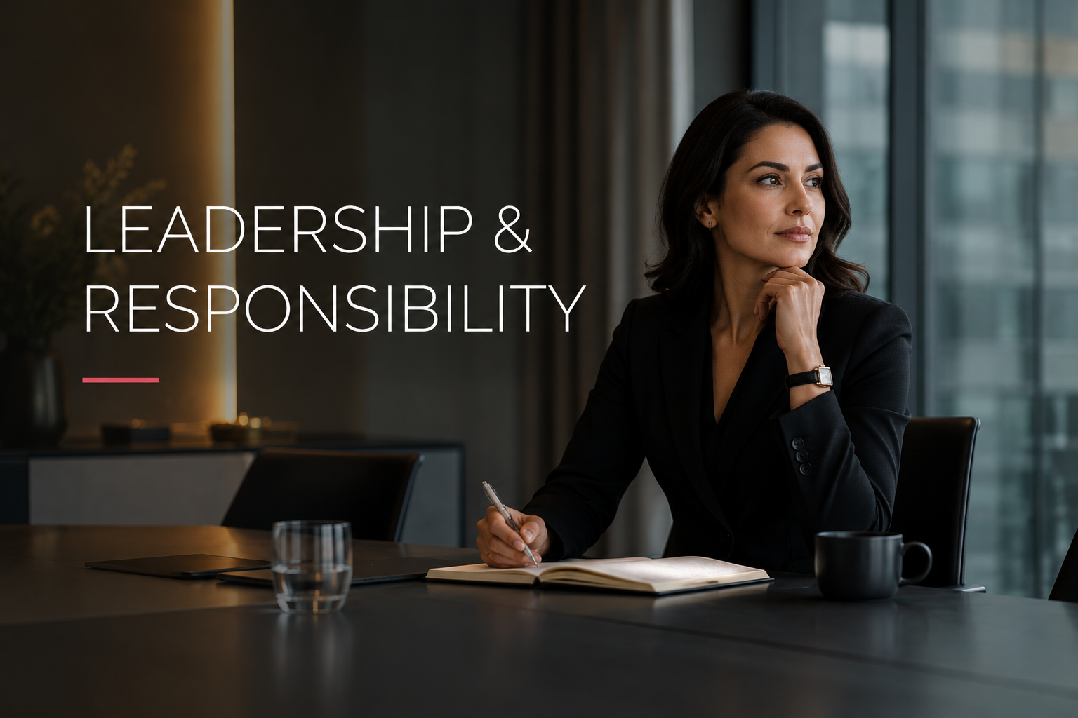 Eine Unternehmerin sitzt nachdenklich an einem Konferenztisch mit Notizbuch und Blick in die Ferne. Das Bild symbolisiert Female Leadership, Executive Leadership, Verantwortung, Entscheidungsfindung, Selbstführung, Unternehmerinnen, Business Leadership, Executive Coaching und strategische Klarheit.
