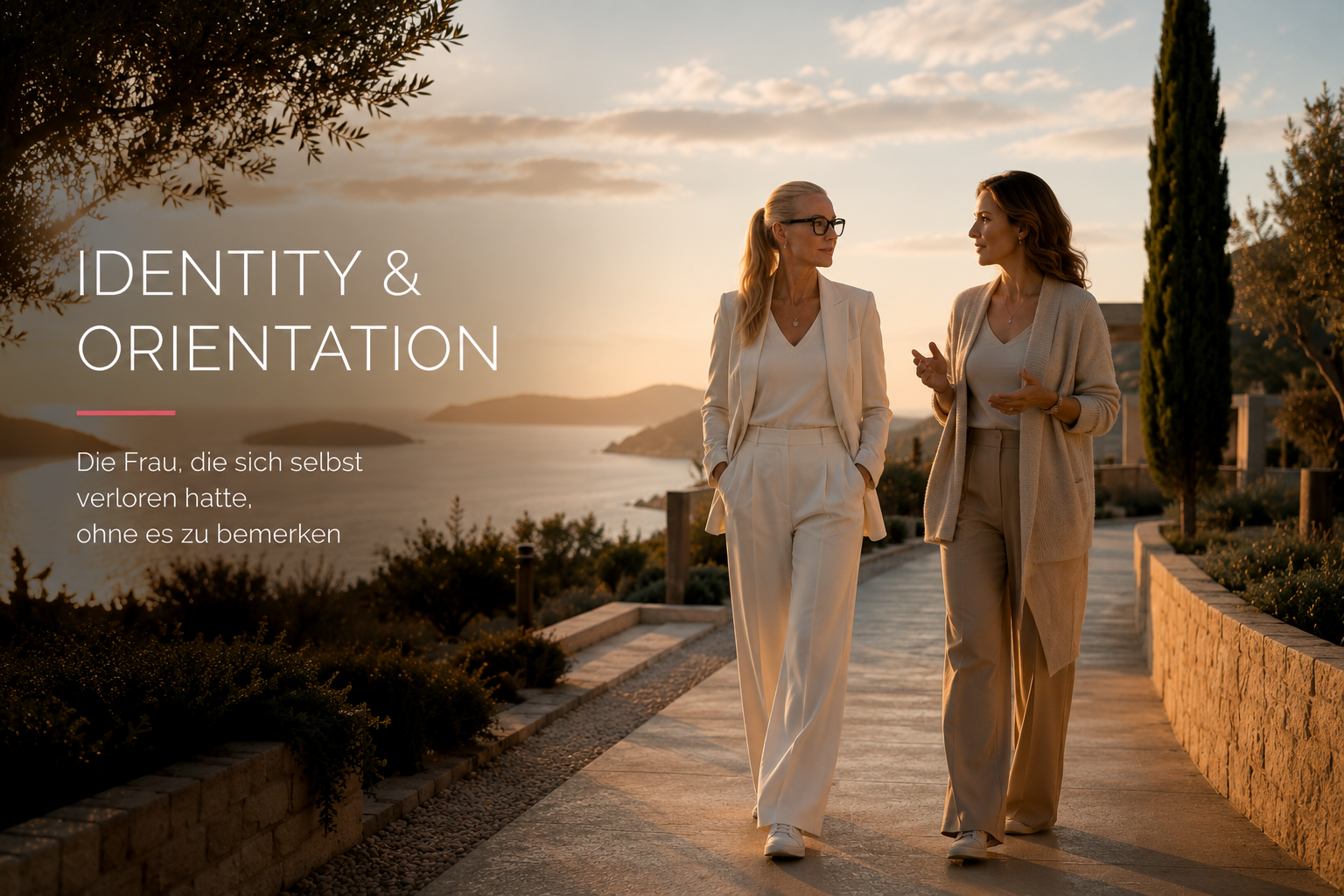 Zwei Frauen gehen während des Sonnenuntergangs auf einem eleganten Weg am Meer entlang und führen ein tiefes Gespräch. Das Bild symbolisiert Identität, Selbstfindung, persönliche Entwicklung, Female Leadership, Orientierung, bewusste Entscheidungen, innere Klarheit, Mentoring und die Rückkehr zur eigenen Authentizität.