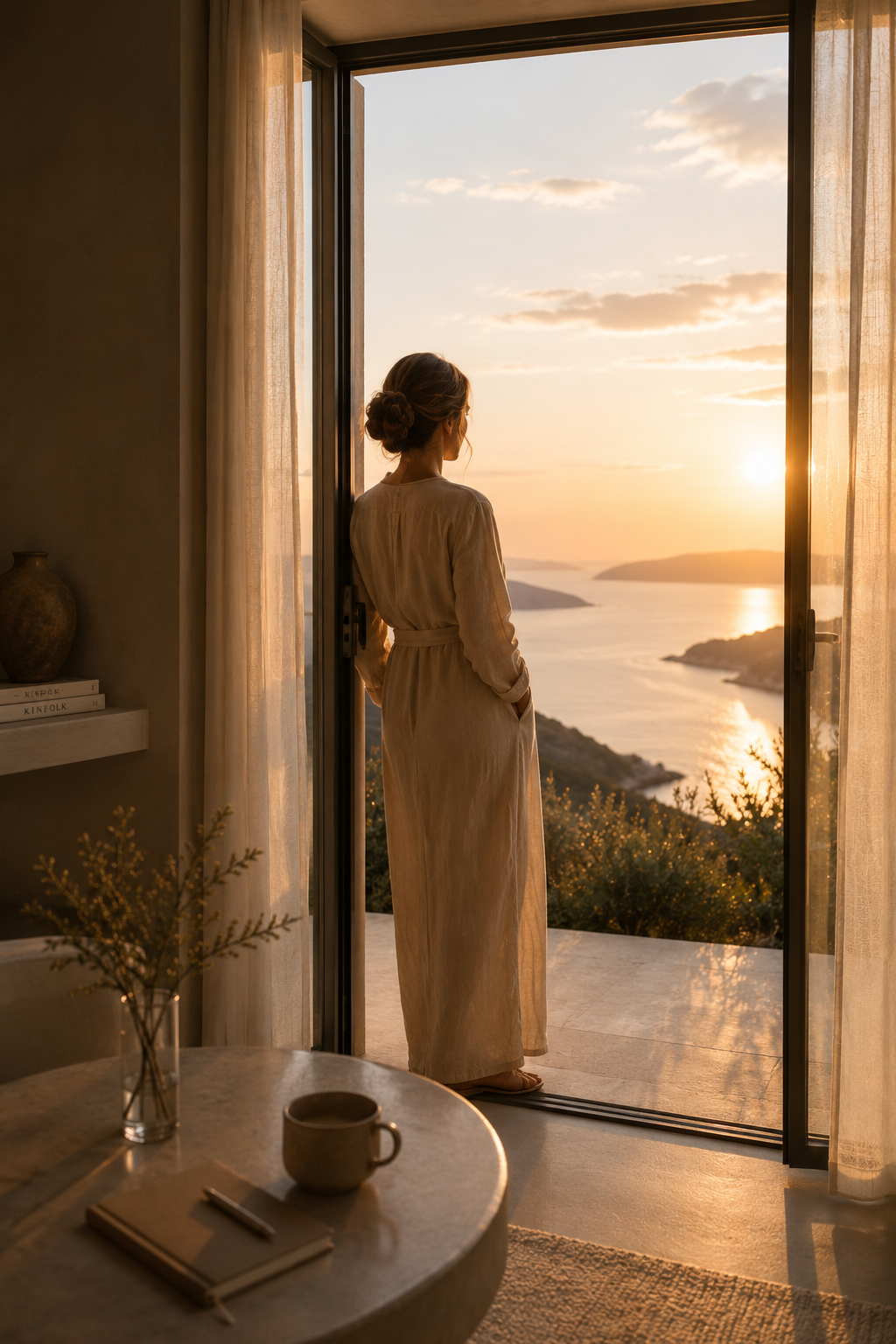 Eine Frau steht in einer offenen Terrassentür und blickt auf das Meer im Licht des Sonnenuntergangs. Der stille Moment zwischen Innen und Außen symbolisiert den Übergang in ein neues Kapitel – geprägt von Klarheit, Präsenz und bewusster Selbstführung.