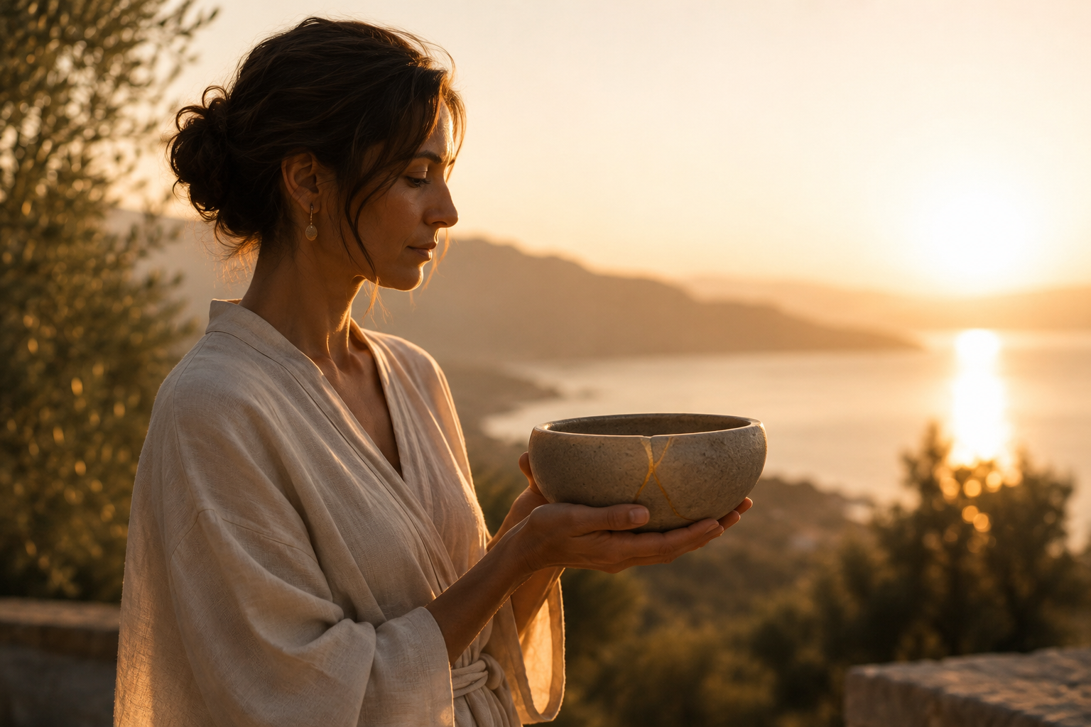 Eine Frau steht in ruhiger Abendstimmung mit Blick auf das Meer und hält eine Keramikschale in den Händen. Das Bild symbolisiert persönliches Wachstum, ungenutztes Potenzial, Selbstreflexion, Female Leadership, innere Klarheit, Achtsamkeit, persönliche Entwicklung und den SHEJA Journal Artikel „Die stille Gefahr ungenutzten Potenzials“.
