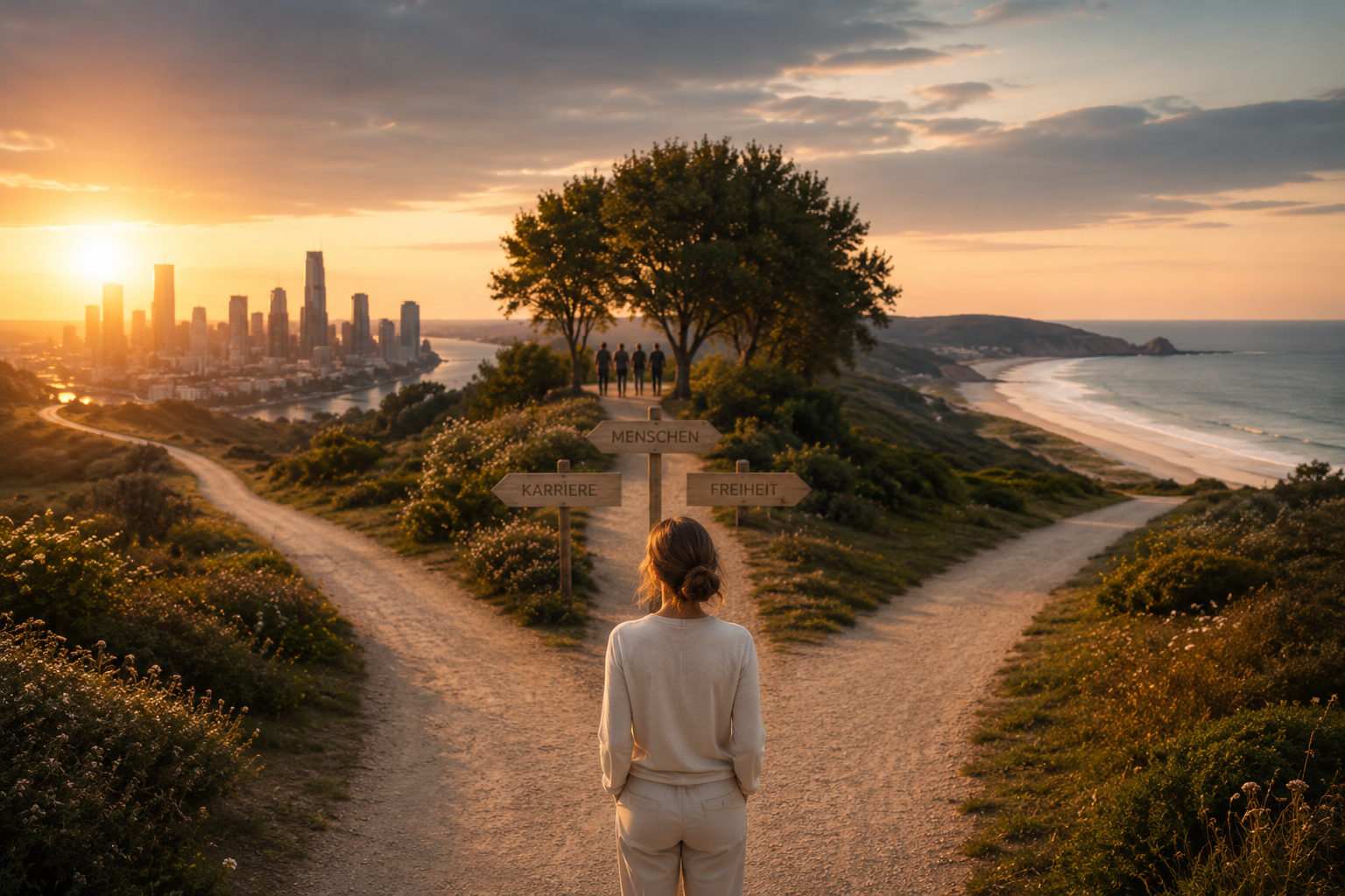 Eine Frau steht an einer Weggabelung mit Blick auf Stadt, Meer und verschiedene Wege. Das Bild symbolisiert Orientierung, Entscheidungsfindung, Klarheit, Human Reality, persönliche Entwicklung, Zukunft, bewusstes Leadership und den SHEJA Journal Artikel „Warum mehr Informationen nicht automatisch mehr Klarheit schaffen“.