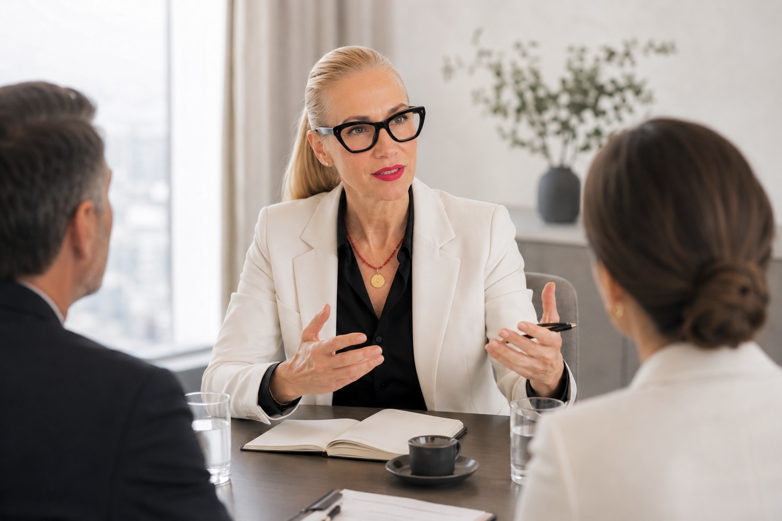 Jelica Stanojlović führt ein Leadership Conversation mit zwei Führungskräften an einem Besprechungstisch. Die Szene steht für Executive Leadership, strategische Entscheidungsfindung, Leadership Mentoring, Executive Advisory, vertrauensvolle Zusammenarbeit, Human Leadership und professionelle Begleitung von Führungspersönlichkeiten.