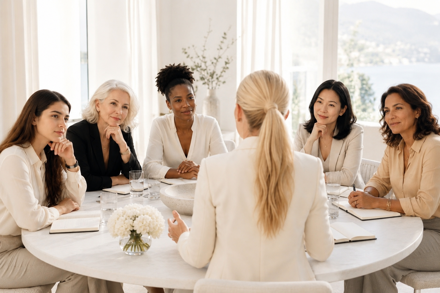 Eine internationale Gruppe erfolgreicher Frauen sitzt gemeinsam an einem runden Tisch in einer hellen, eleganten Umgebung. Das Bild symbolisiert Female Leadership, Executive Mentoring, Women's Leadership, persönliche Entwicklung, vertrauensvolle Gespräche, Community, Retreats, Coaching und die inspirierende SHEJA Erfahrung.