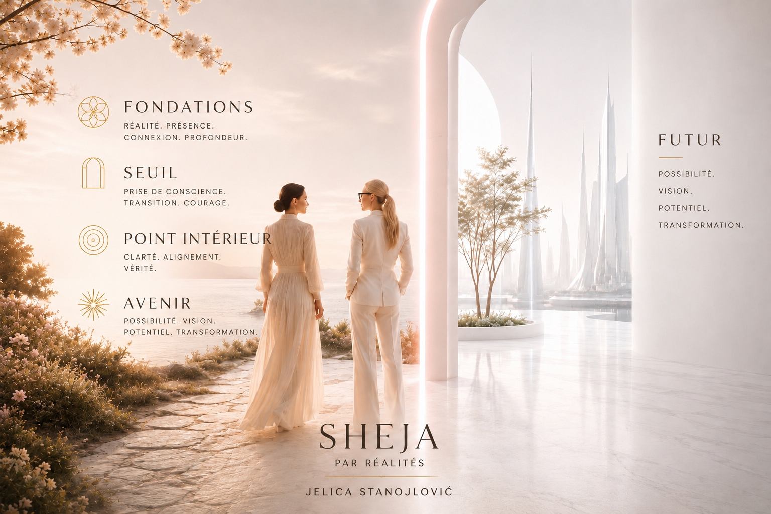 Illustration éditoriale de deux femmes avançant d'un paysage naturel vers une architecture contemporaine baignée de lumière. Cette image symbolise la philosophie SHEJA, le leadership féminin, l'identité, la transformation personnelle, la clarté, le potentiel humain, l'orientation et l'avenir.