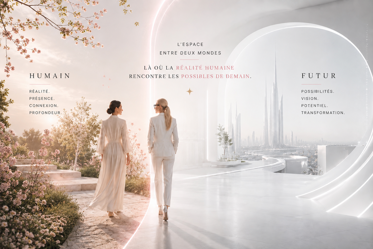 Deux femmes avancent ensemble dans un espace baigné de lumière, entre la nature et les possibilités de demain. Cette image symbolise le passage de la réalité humaine vers un avenir façonné par la clarté, l'humanité et un développement conscient.