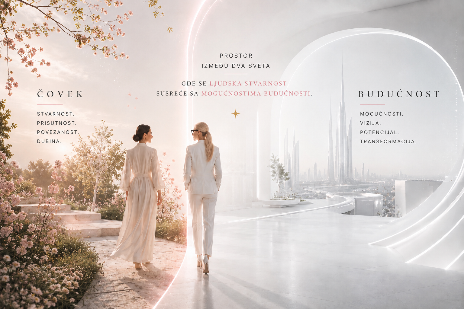 Une illustration inspirante de deux femmes franchissant ensemble un seuil lumineux, reliant un paysage naturel paisible à une architecture futuriste baignée de lumière. L'image évoque le développement personnel, la vision d'avenir, la transformation, le leadership de soi, l'innovation, la prise de décision consciente, le potentiel humain et le changement positif. Elle symbolise également la présence, le leadership conscient et le pont entre la réalité d'aujourd'hui et les possibilités de demain.
