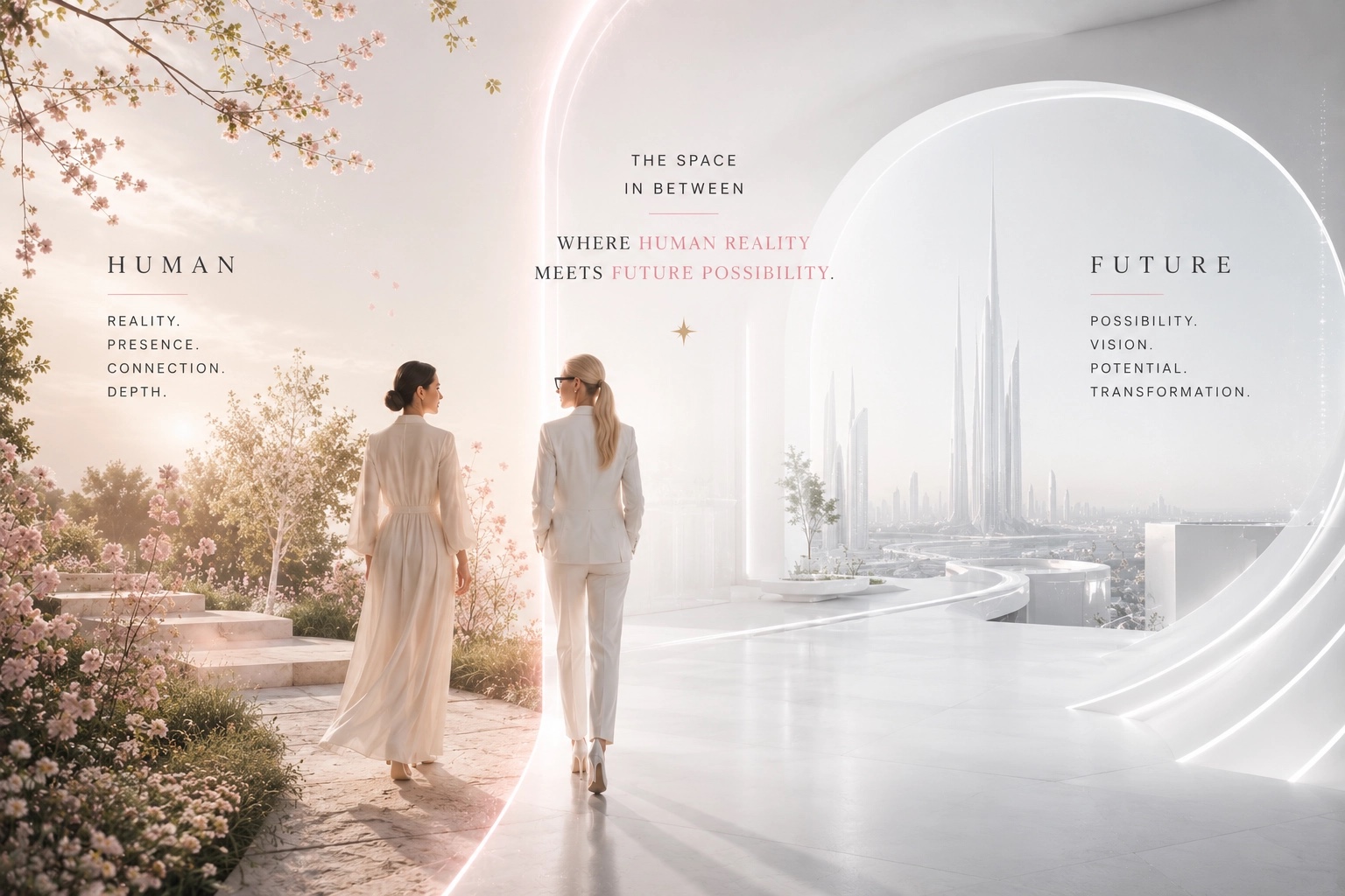 Une illustration inspirante de deux femmes franchissant ensemble un seuil lumineux, reliant un paysage naturel paisible à une architecture futuriste baignée de lumière. L'image évoque le développement personnel, la vision d'avenir, la transformation, le leadership de soi, l'innovation, la prise de décision consciente, le potentiel humain et le changement positif. Elle symbolise également la présence, le leadership conscient et le pont entre la réalité d'aujourd'hui et les possibilités de demain.