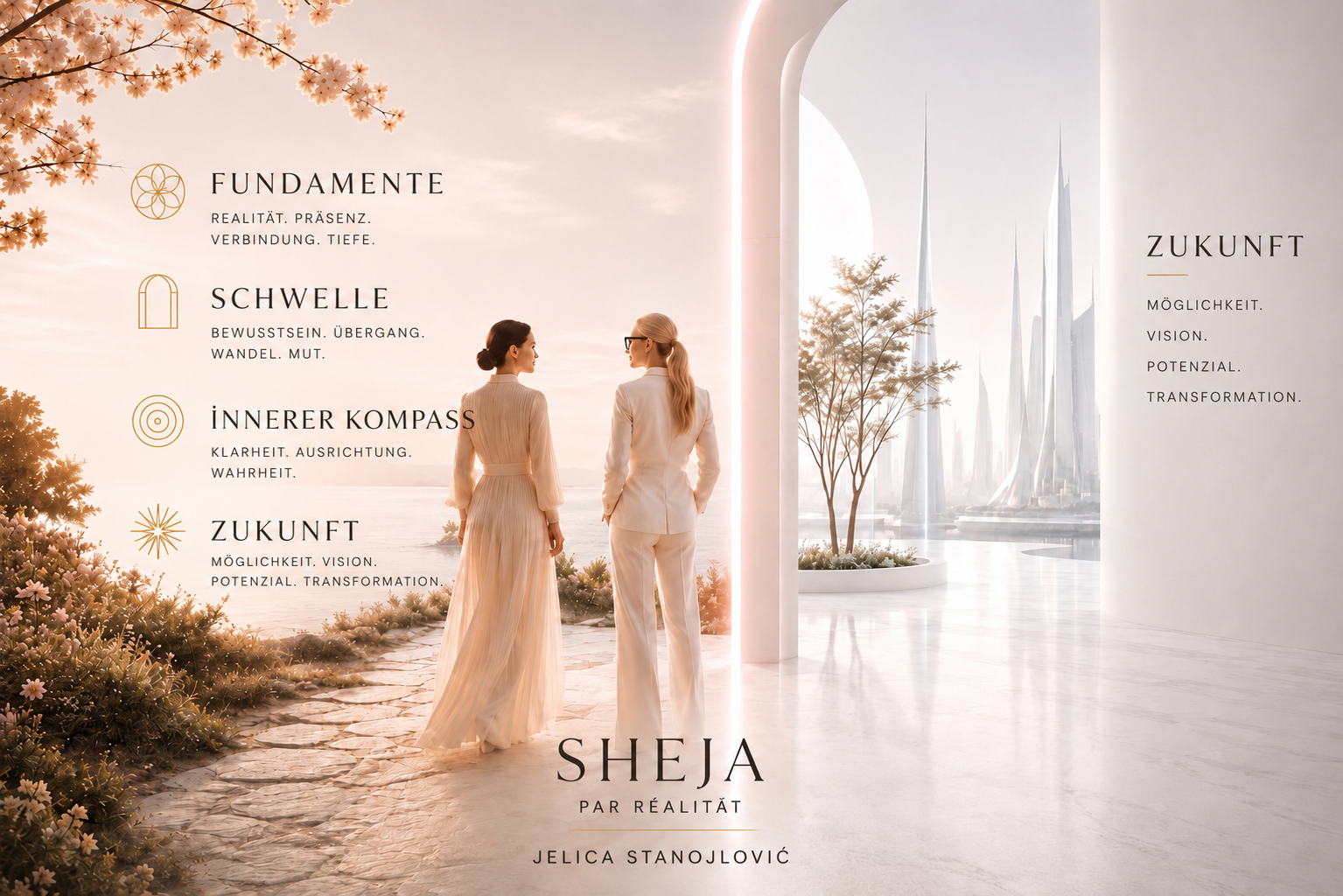 Editorial-Illustration von zwei Frauen auf dem Weg von einer natürlichen Landschaft in eine lichtdurchflutete futuristische Architektur. Das Bild symbolisiert die SHEJA Philosophie, persönliche Entwicklung, Female Leadership, Orientierung, Identität, Transformation, Zukunft, Potenzial, innere Klarheit, bewusste Entscheidungen und nachhaltige Veränderung.