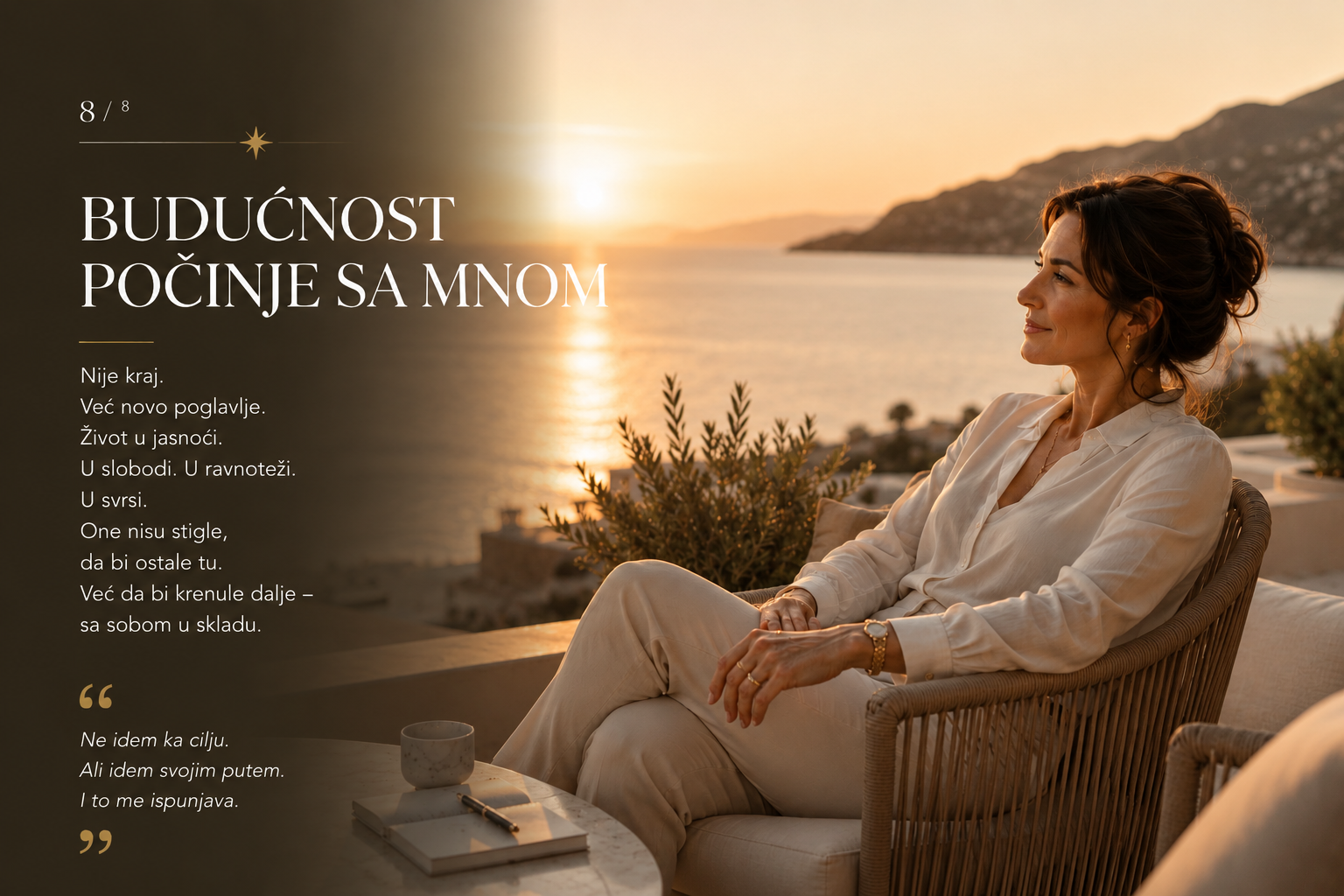 Elegantna žena mirno sjedi na terasi s pogledom na more u zalasku sunca. Fotografija simbolizuje unutrašnju jasnoću, samovođenje, žensko liderstvo, executive coaching, ličnu transformaciju, ravnotežu, ispunjen život, svjesno življenje, budućnost i SHEJA mentoring putovanje.