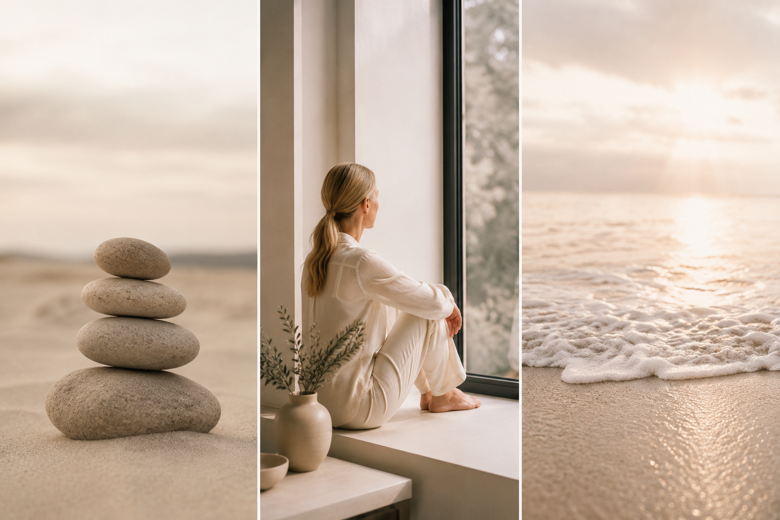 Steine, eine Frau in stiller Betrachtung und das Meer symbolisieren Orientierung, Stabilität, innere Klarheit und die Grundlagen bewusster persönlicher Entwicklung im Foundations-Raum der SHEJA Philosophie.