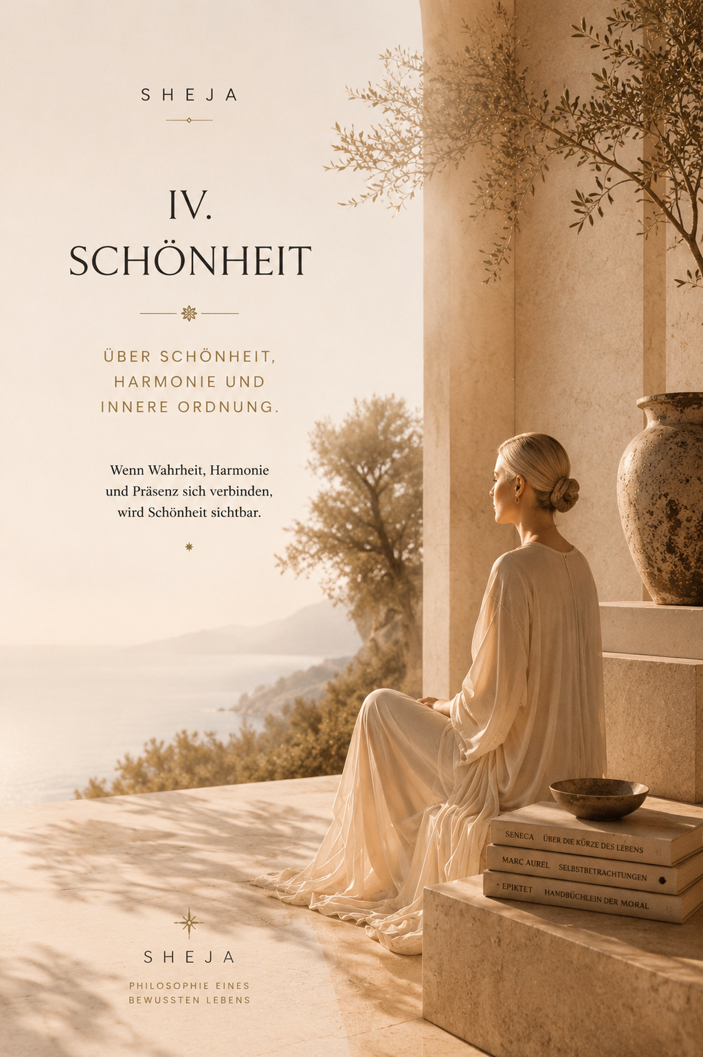 Kapitel IV „Schönheit“ zeigt einen lichtdurchfluteten Raum mit Blick auf das Meer. Eine Frau sitzt in einem lichtdurchfluteten mediterranen Raum mit Blick auf das Meer und strahlt Ruhe und Präsenz aus. Das Bild symbolisiert den vierten Kanon von SHEJA – Schönheit als Ausdruck von Harmonie, innerer Ordnung, Bewusstsein, Menschlichkeit und einem bewusst gestalteten Leben.