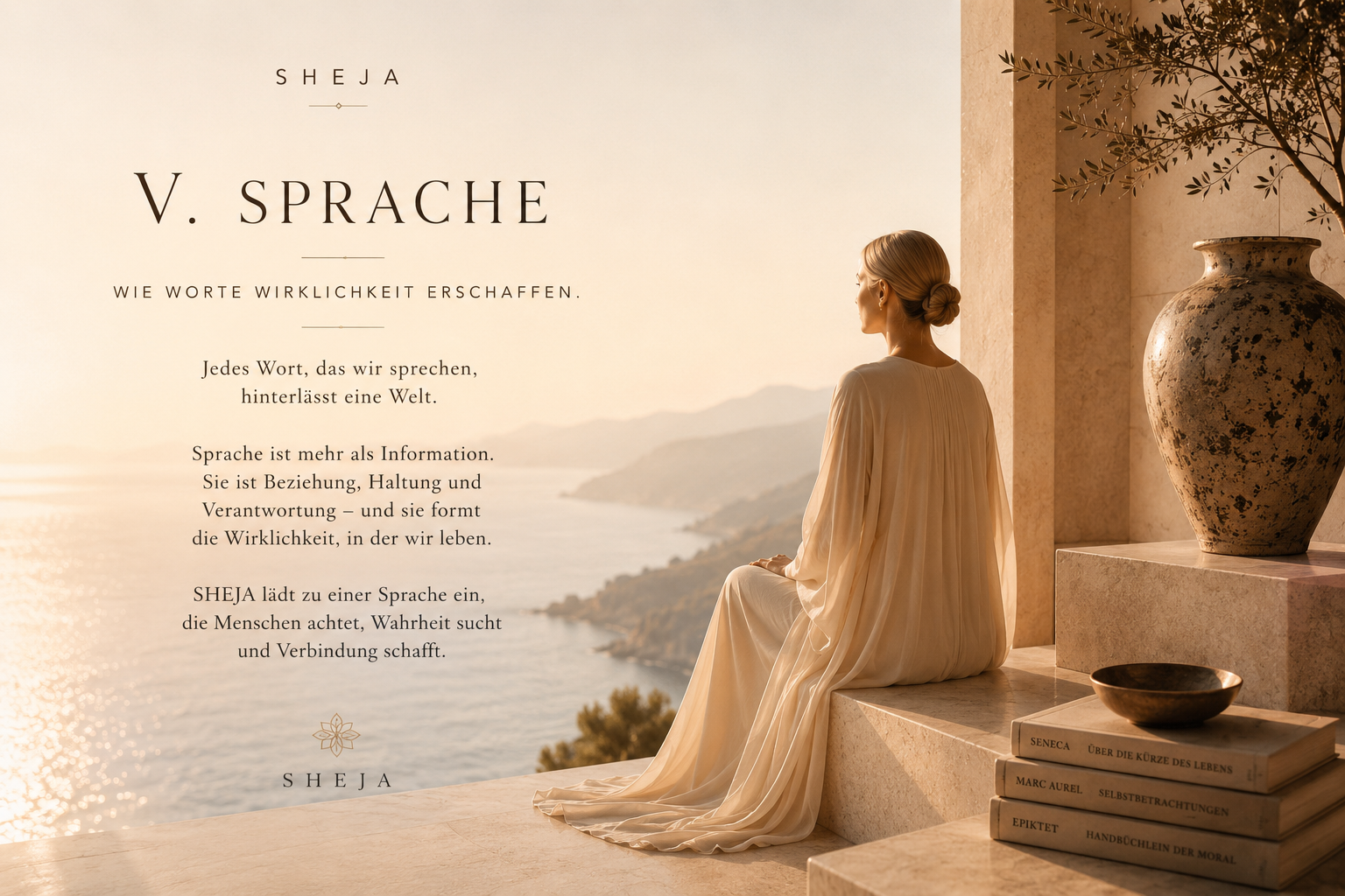 Kapitel V der SHEJA Philosophie – Sprache. Eine Frau sitzt in einem lichtdurchfluteten mediterranen Raum mit Blick auf das Meer und blickt ruhig in die Ferne. Das Bild symbolisiert den fünften Kanon von SHEJA – Sprache als Ausdruck von Bewusstsein, Wahrheit, Menschlichkeit, Führung, Verbindung und der Kraft, Wirklichkeit bewusst zu gestalten.
