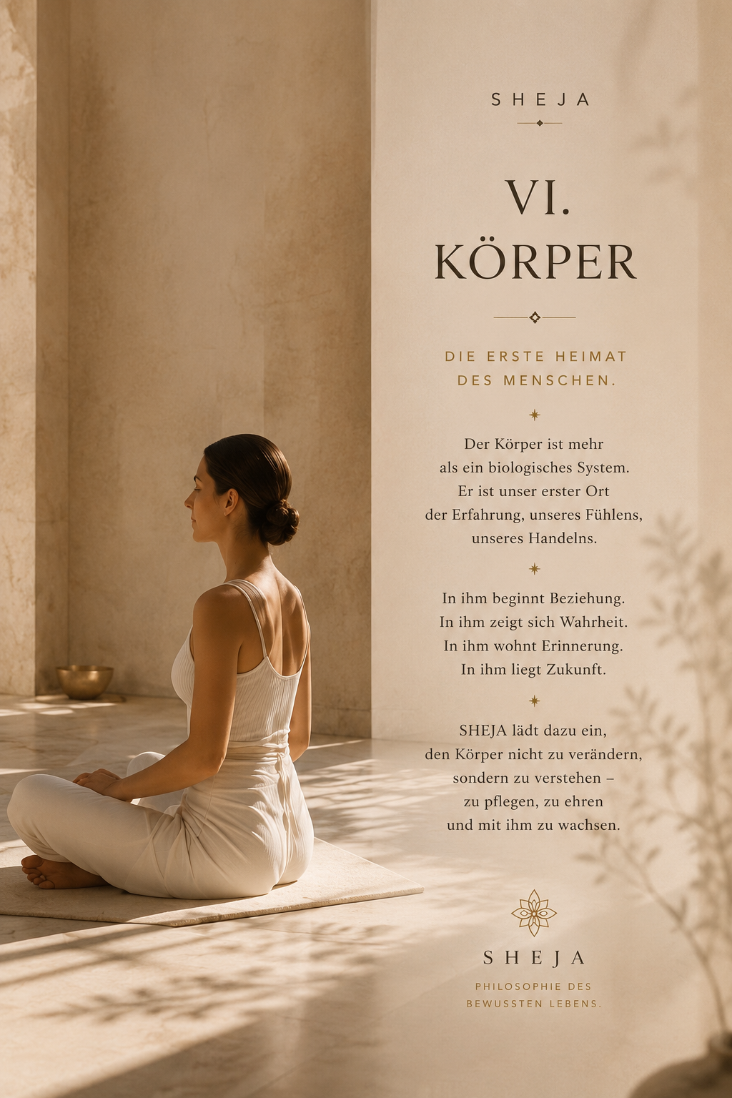 Kapitel VI – Der Körper. Eine Frau sitzt in stiller Meditation in einem lichtdurchfluteten mediterranen Raum. Das Bild symbolisiert den sechsten Kanon von SHEJA – den Körper als erste Heimat des Menschen, Achtsamkeit, Körperbewusstsein, Selbstführung, innere Balance und die Verbindung von Körper, Geist und Menschlichkeit.