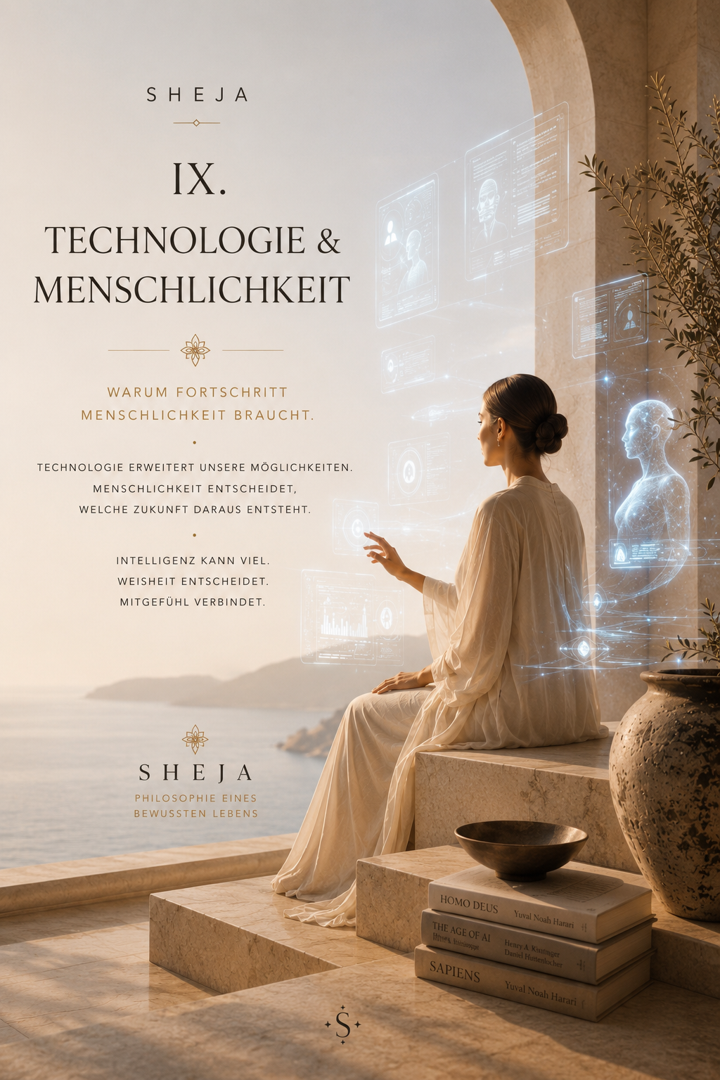 Kapitel IX – Technologie & Menschlichkeit. Eine Frau interagiert mit digitalen holografischen Elementen in einem lichtdurchfluteten mediterranen Raum mit Blick auf das Meer. Das Bild symbolisiert den neunten Kanon von SHEJA – Technologie und Menschlichkeit, Künstliche Intelligenz, Innovation, ethisches Leadership, verantwortungsvollen Fortschritt und eine menschenzentrierte Zukunft.