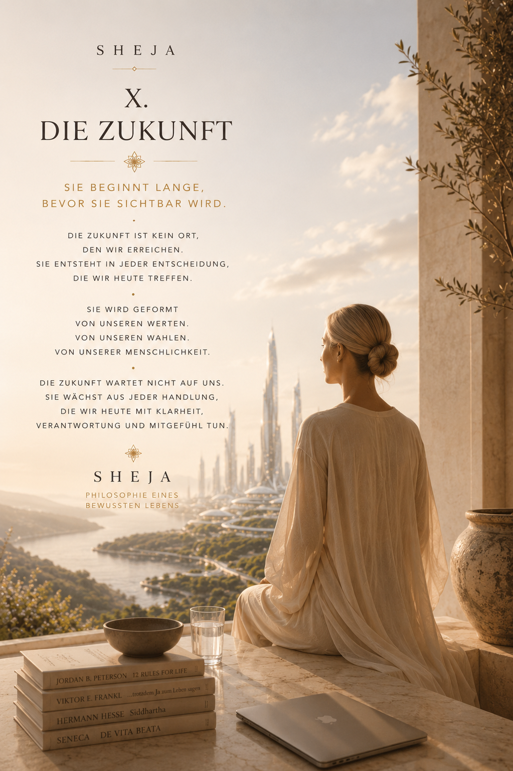 Kapitel X der SHEJA Philosophie – Die Zukunft. Eine Frau blickt aus einer lichtdurchfluteten mediterranen Architektur auf eine visionäre Stadt der Zukunft. Das Bild symbolisiert den zehnten Kanon von SHEJA – Zukunft, Innovation, Menschlichkeit, verantwortungsvolles Leadership, bewusste Entscheidungen und eine Zukunft, die auf Würde, Weisheit und menschlichem Potenzial aufbaut.