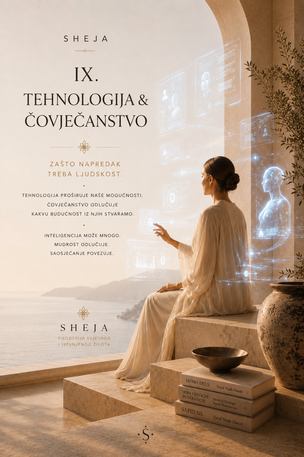 Žena koristi holografske digitalne prikaze u svijetlom mediteranskom prostoru s pogledom na more. Fotografija simbolizuje deveti kanon SHEJA – tehnologiju i čovječnost, vještačku inteligenciju, inovacije, etičko liderstvo, odgovoran napredak i budućnost u kojoj je čovjek u središtu razvoja.