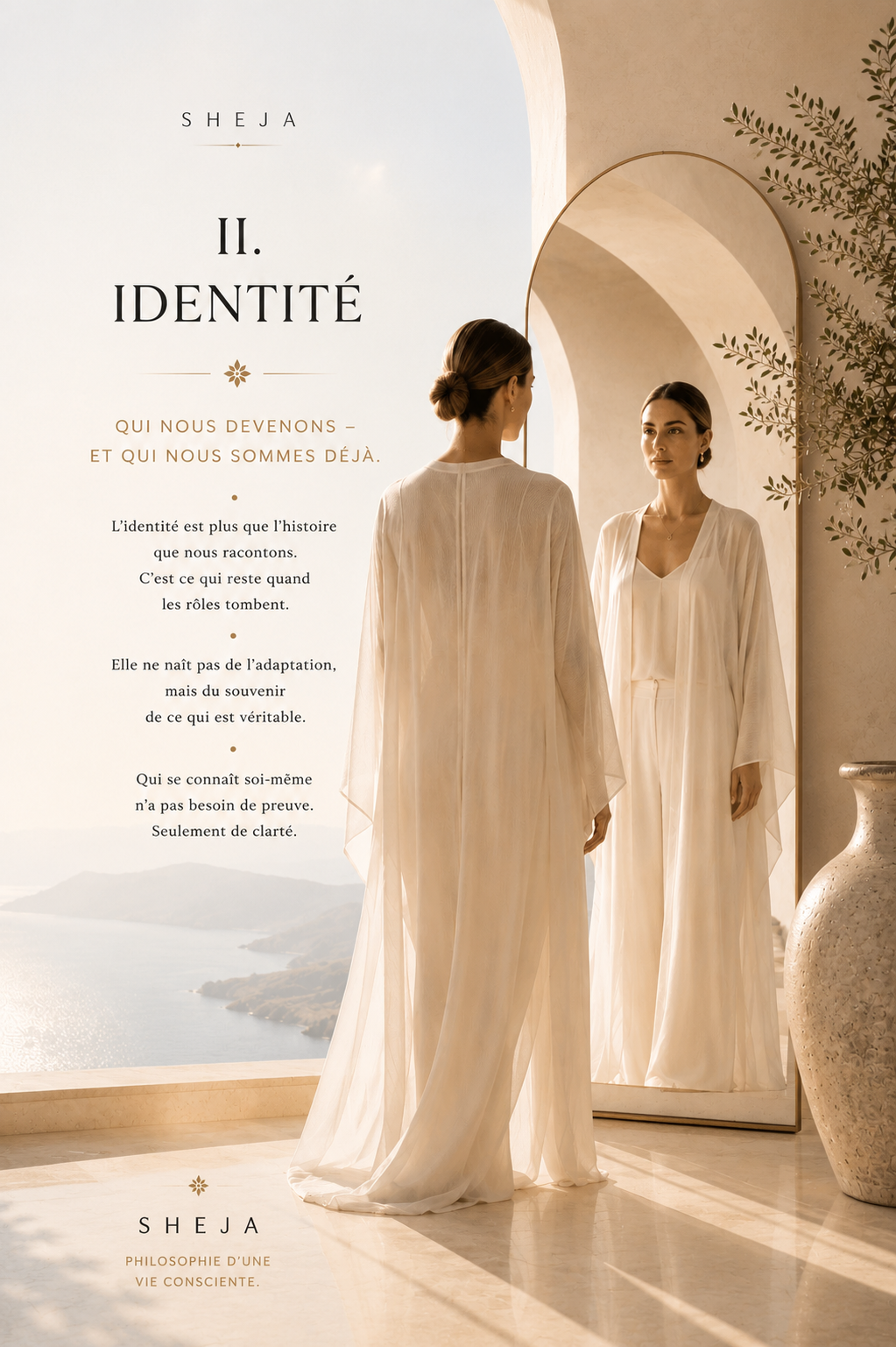 « Chapitre II – Identité : connaissance de soi, identité personnelle, authenticité, alignement intérieur, développement humain et philosophie SHEJA. Une femme se tient devant un miroir dans un espace lumineux face à la mer. Son reflet symbolise le deuxième Canon de SHEJA : l'identité, la connaissance de soi, le leadership de soi, la clarté intérieure, le développement personnel et l'épanouissement conscient du potentiel humain.