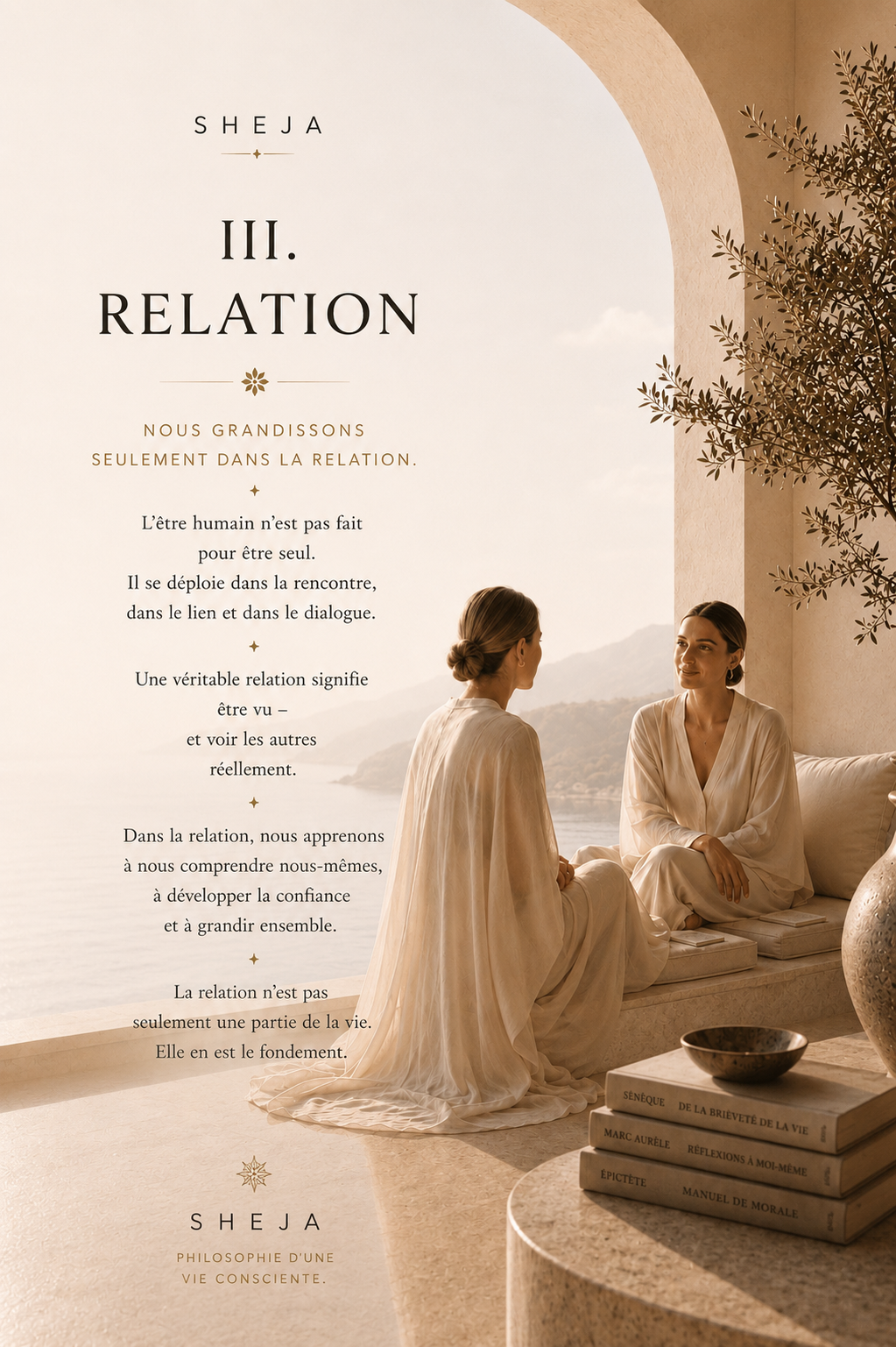 Deux femmes échangent dans un espace lumineux face à la mer. Cette image symbolise le troisième Canon de SHEJA : la relation, la confiance, la connexion humaine, l'empathie, le développement personnel, le leadership humaniste et la croissance partagée.