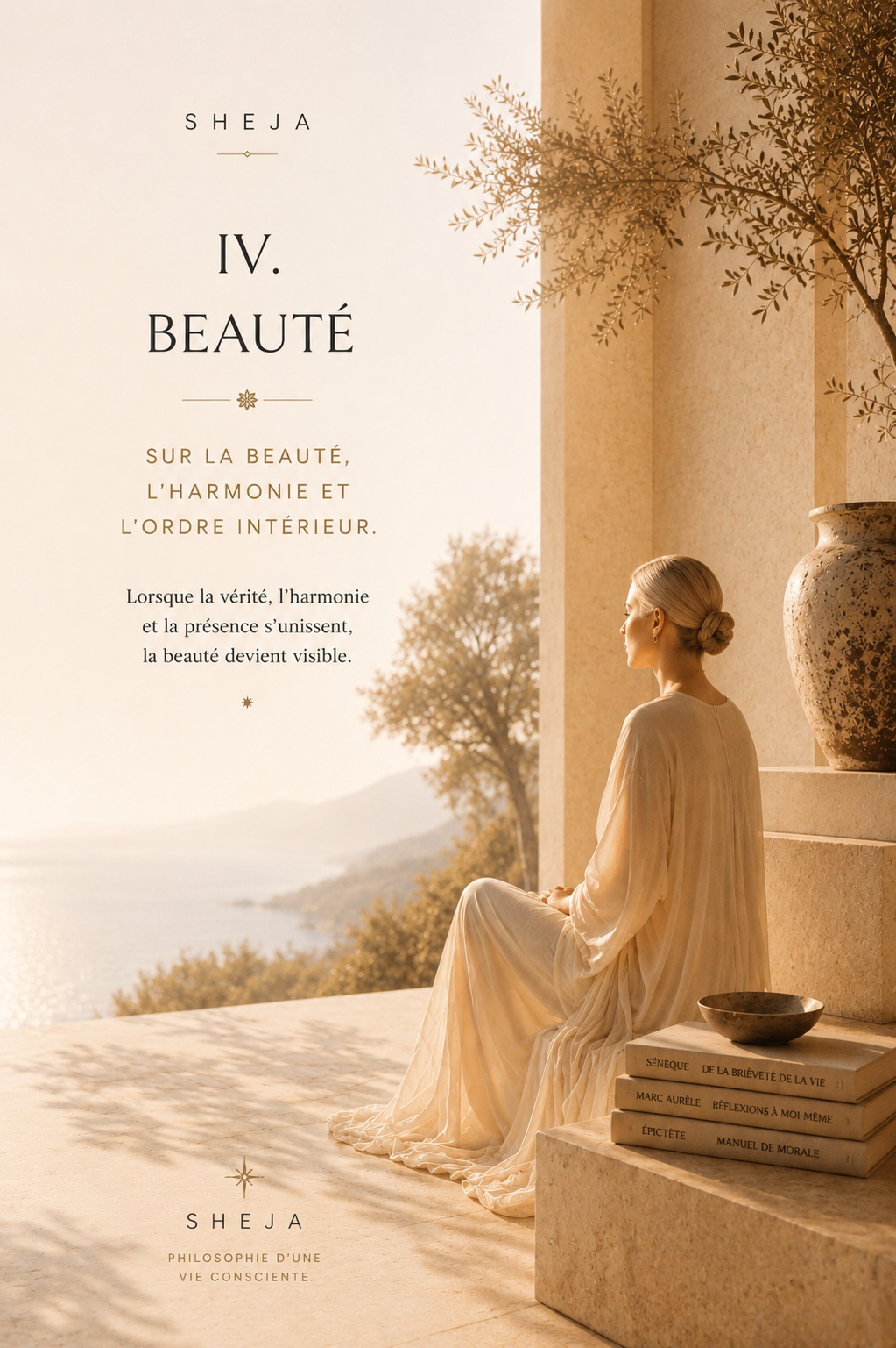 Chapitre IV – La Beauté : beauté intérieure, harmonie, présence, esthétique, équilibre, développement humain et philosophie SHEJA. Une femme est assise dans un espace méditerranéen baigné de lumière face à la mer. Cette image symbolise le quatrième Canon de SHEJA : la beauté comme expression de l'harmonie, de l'ordre intérieur, de la conscience, de l'humanité et d'une vie vécue en pleine présence.