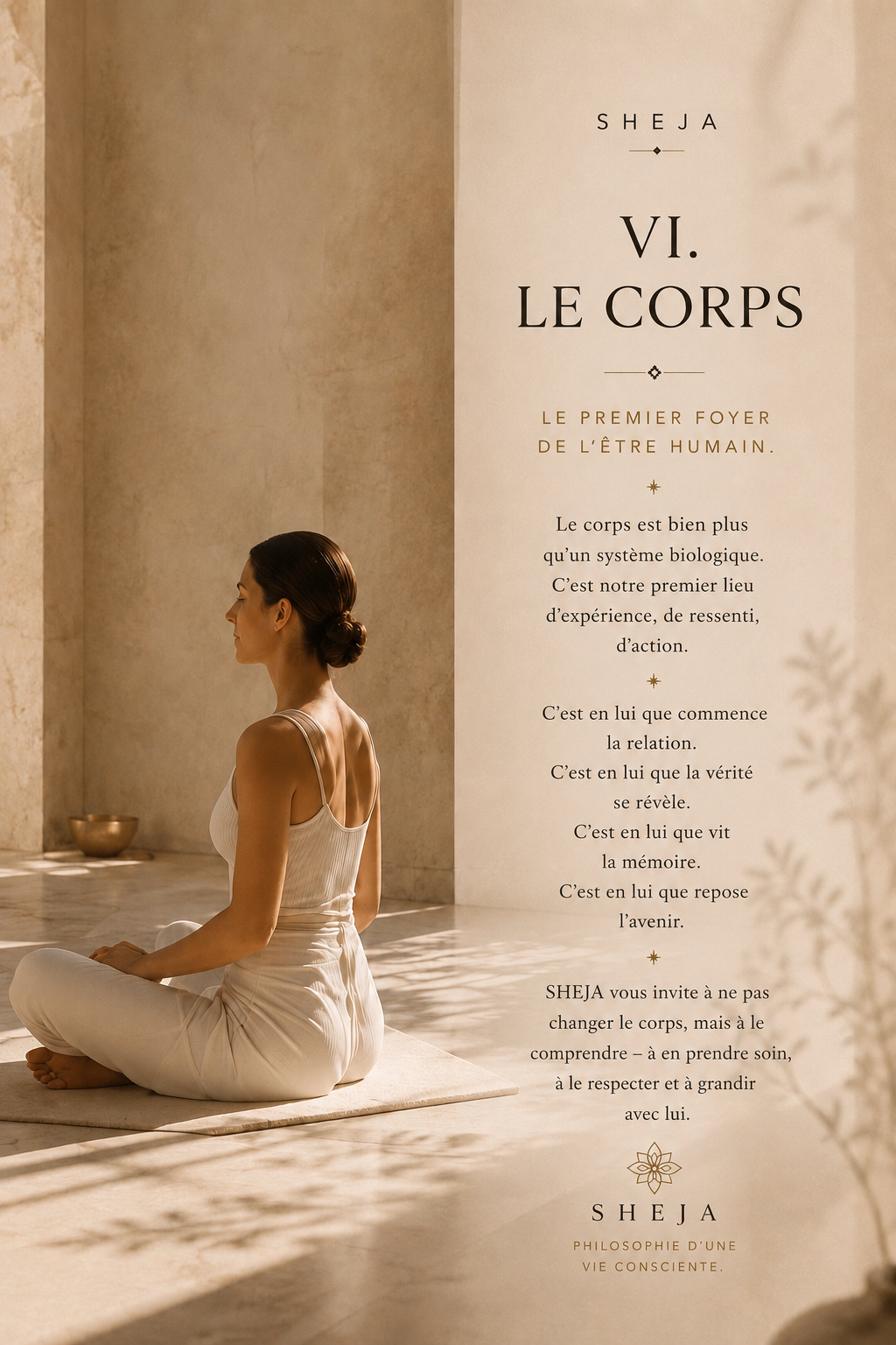 Une femme est assise en méditation dans un espace méditerranéen baigné de lumière. Cette image symbolise le sixième Canon de SHEJA : le corps comme première demeure de l'être humain, la pleine conscience, la conscience corporelle, le leadership de soi, l'équilibre intérieur et l'unité du corps, de l'esprit et de l'humanité.