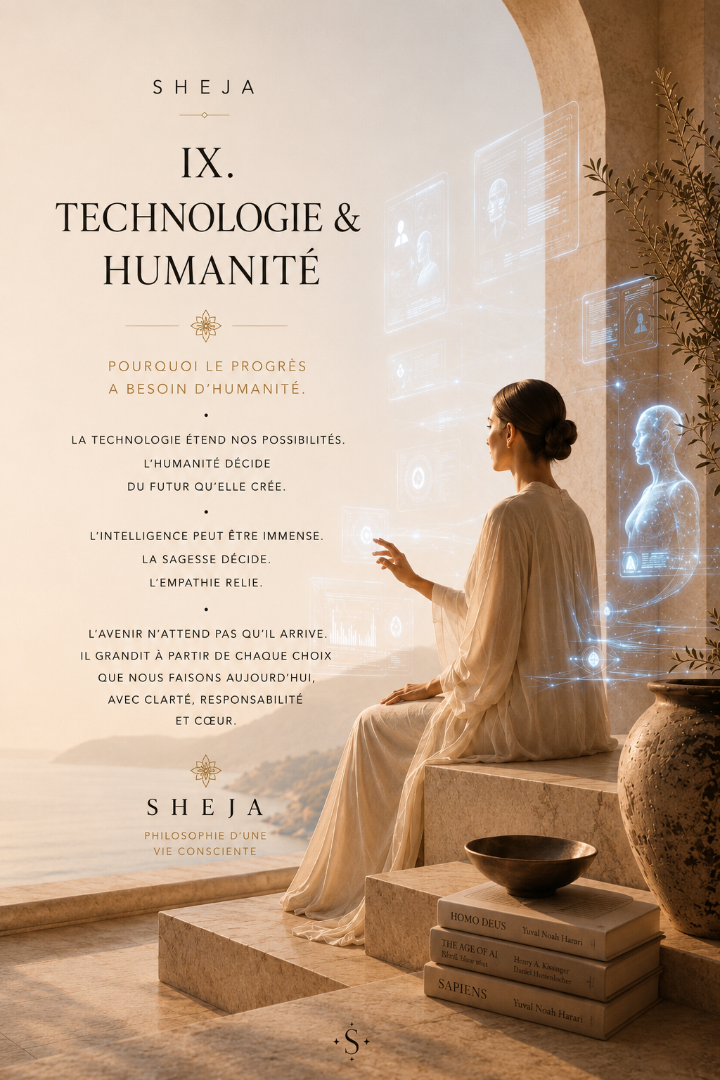 Une femme interagit avec des interfaces numériques holographiques dans un espace méditerranéen baigné de lumière face à la mer. Cette image symbolise le neuvième Canon de SHEJA : la technologie et l'humanité, l'intelligence artificielle, l'innovation, le leadership éthique, le progrès responsable et un avenir centré sur l'être humain.