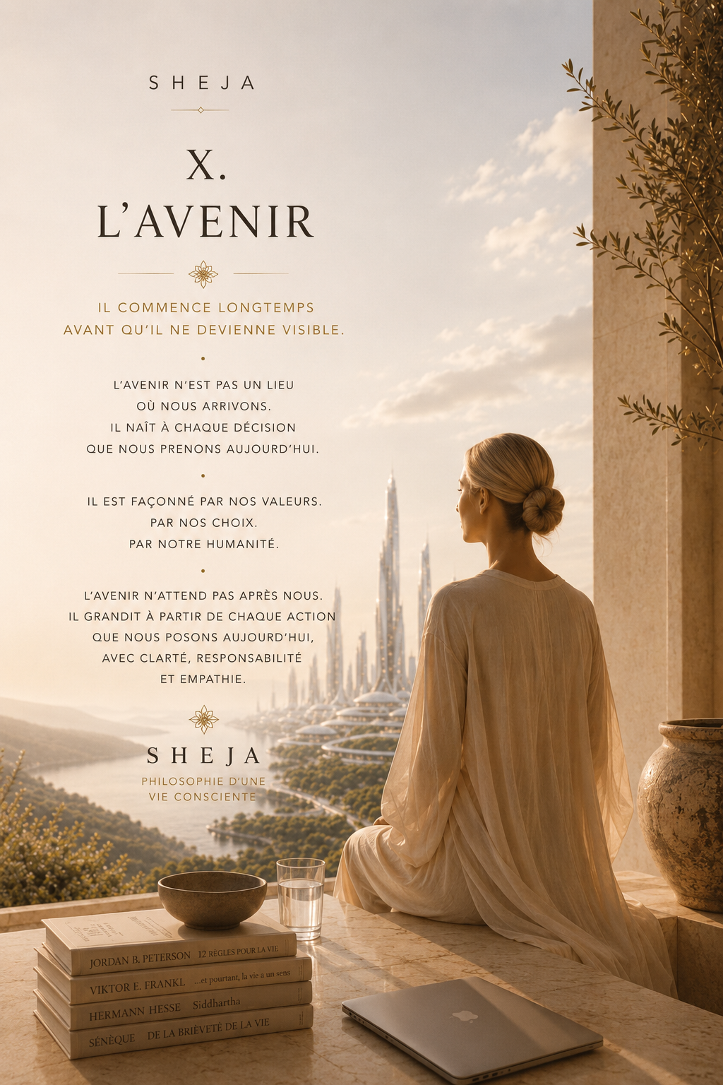 Une femme contemple une ville futuriste depuis une architecture méditerranéenne baignée de lumière. Cette image symbolise le dixième Canon de SHEJA : l'avenir, l'innovation, l'humanité, le leadership responsable, les choix conscients et un futur construit sur la dignité, la sagesse et le potentiel humain.