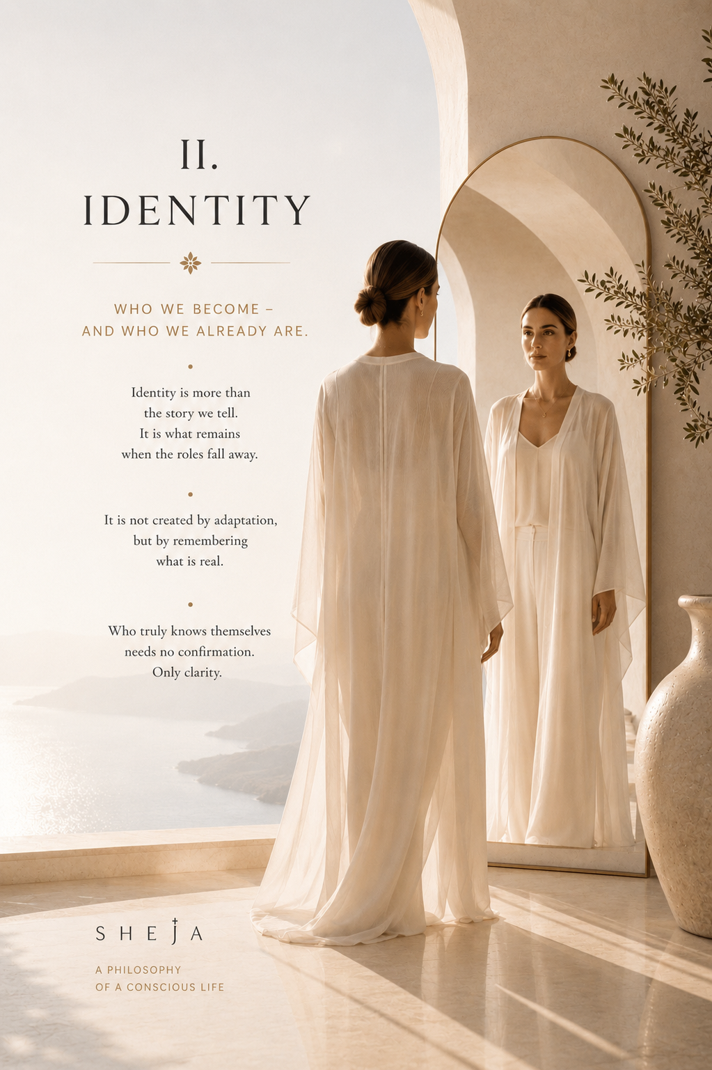 A woman stands before a mirror in a light-filled space overlooking the sea. Her reflection symbolizes the second SHEJA Canon—identity, self-reflection, self-leadership, inner clarity, personal growth and the conscious unfolding of human potential.