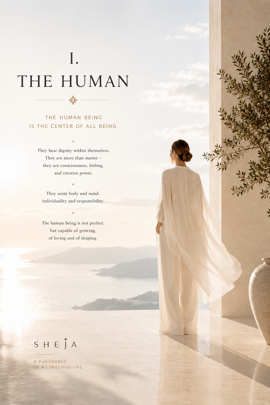 A woman stands in a light-filled architectural space overlooking the sea, gazing toward the horizon. The image represents the first SHEJA Canon, placing the human being at the center of life through dignity, awareness, personal growth, human-centered leadership and human potential.