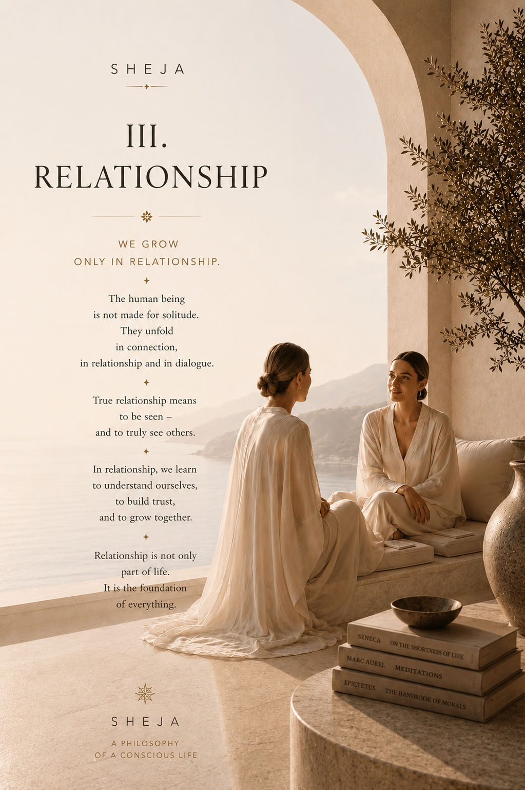 Two women share a thoughtful conversation in a light-filled space overlooking the sea. The image represents the third SHEJA Canon—relationship, trust, human connection, empathy, personal growth, human-centered leadership and shared development.