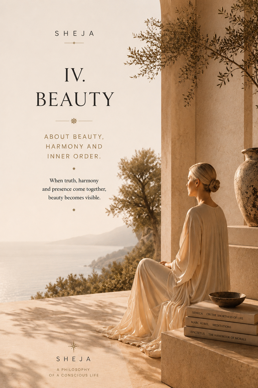 A woman sits peacefully in a light-filled Mediterranean space overlooking the sea. The image represents the fourth SHEJA Canon—beauty as an expression of harmony, inner order, awareness, humanity and a consciously lived life.