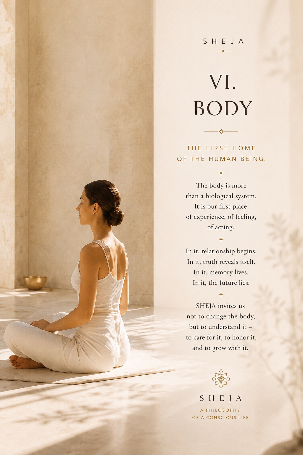 A woman sits peacefully in meditation within a light-filled Mediterranean space. The image represents the sixth SHEJA Canon—the body as our first home, mindfulness, body awareness, self-leadership, inner balance and the connection between body, mind and humanity.