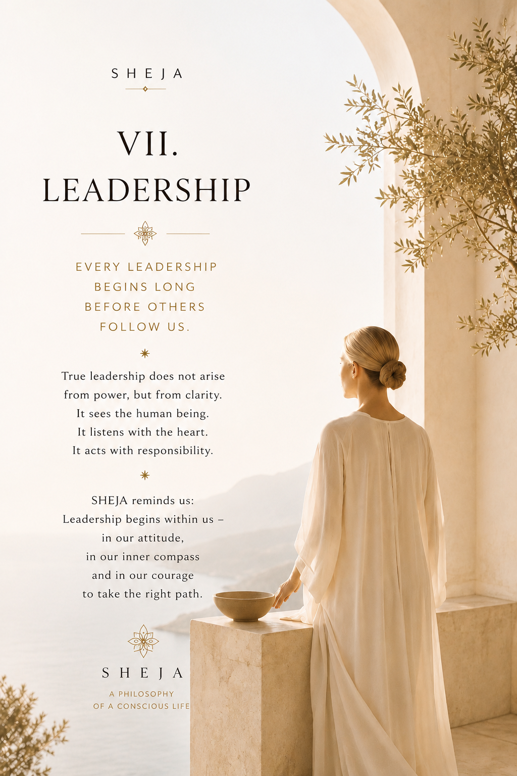 A woman stands peacefully in a light-filled Mediterranean space overlooking the sea. The image represents the seventh SHEJA Canon—leadership through inner clarity, self-leadership, integrity, responsibility, human-centered leadership and conscious action.