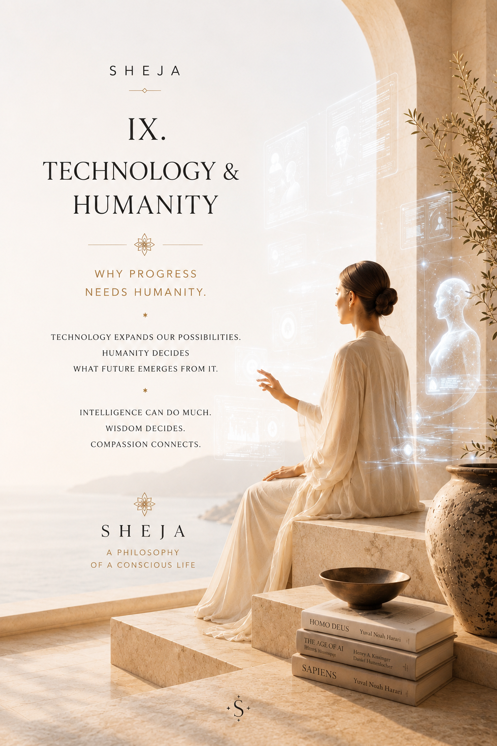 A woman interacts with holographic digital interfaces in a light-filled Mediterranean space overlooking the sea. The image represents the ninth SHEJA Canon—technology and humanity, artificial intelligence, innovation, ethical leadership, responsible progress and a human-centered future.