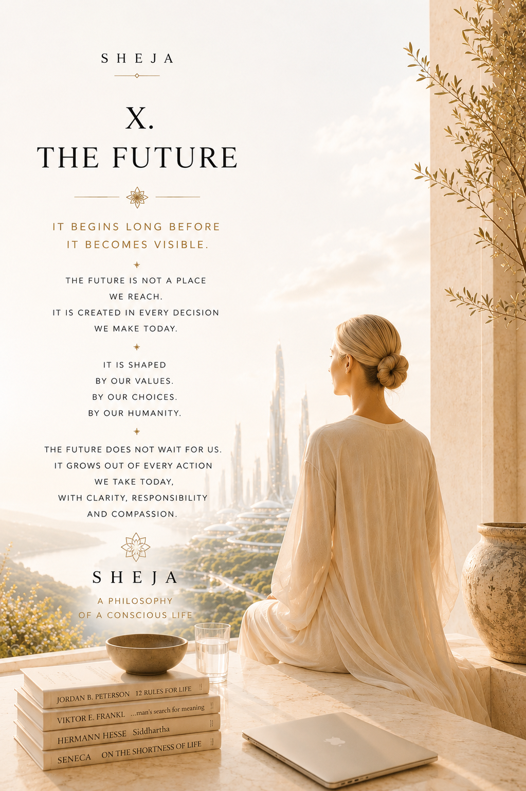 A woman looks toward a visionary future city from a light-filled Mediterranean architectural space. The image represents the tenth SHEJA Canon—the future, innovation, humanity, responsible leadership, conscious decision-making and a world shaped by dignity, wisdom and human potential.