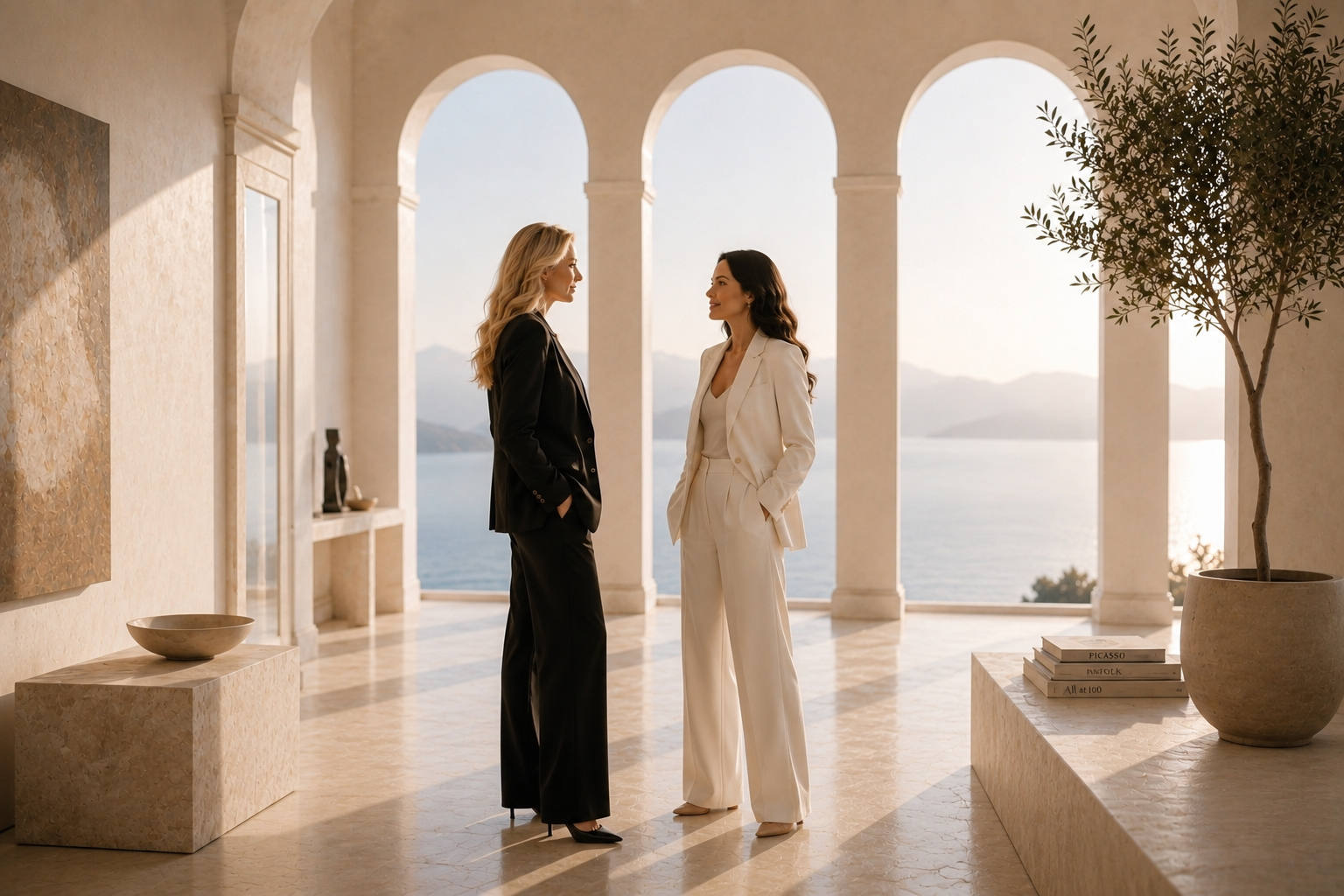 Zwei Frauen begegnen sich in einer lichtdurchfluteten mediterranen Architektur mit Blick auf das Meer und führen ein wertschätzendes Gespräch. Das Bild symbolisiert mögliche Zusammenarbeiten mit SHEJA, persönliches Mentoring, Executive Leadership, strategische Partnerschaften, Vertrauen, menschliche Entwicklung und bewusst gestaltete Zusammenarbeit.