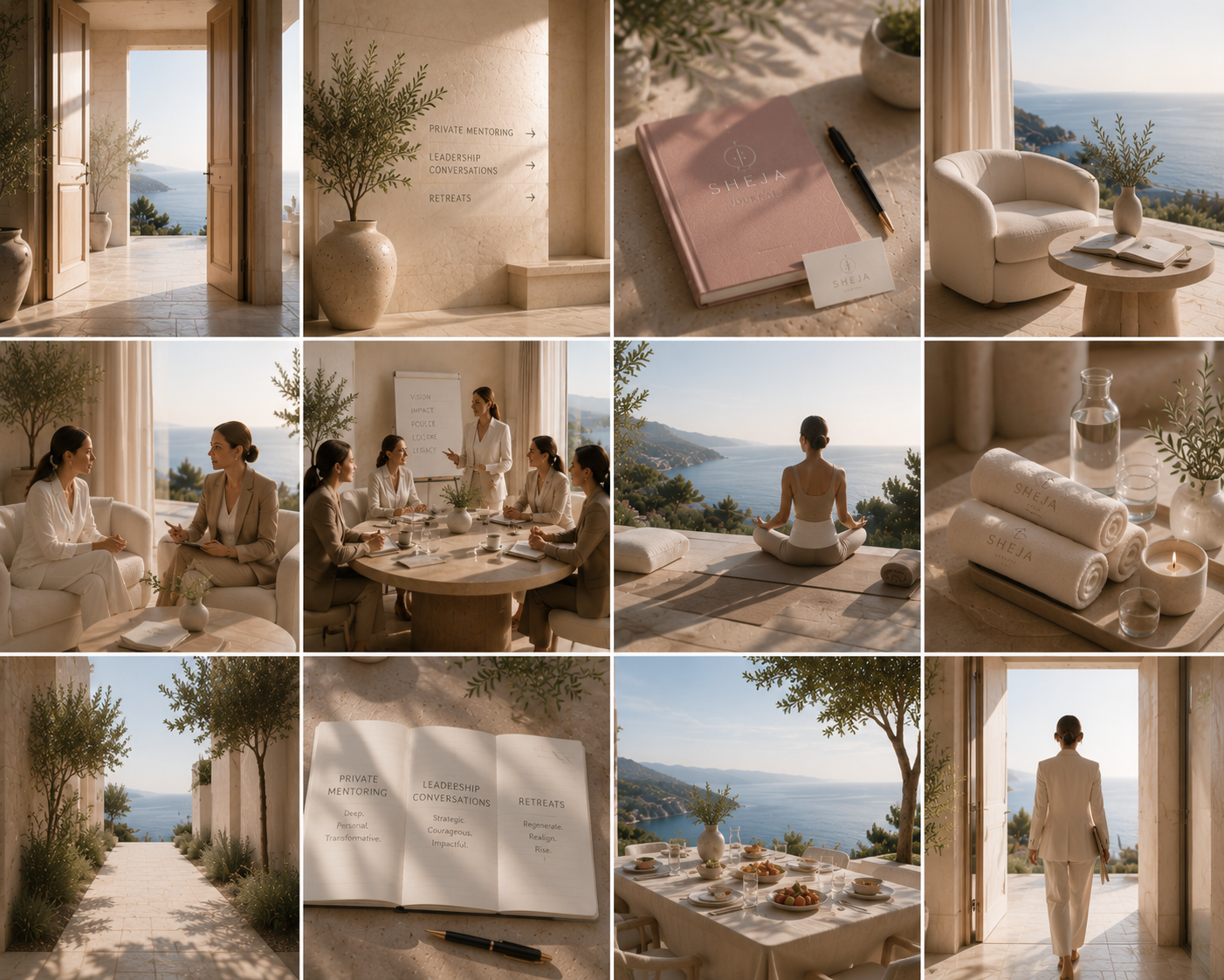 Eine Collage zeigt verschiedene Eindrücke der SHEJA Retreats – persönliche Mentoring-Gespräche, Leadership Sessions, Meditation, gemeinsames Lernen, inspirierende Begegnungen und ruhige mediterrane Räume mit Blick auf das Meer. Das Bild symbolisiert persönliche Entwicklung, Selbstführung, Human Leadership, Achtsamkeit, Retreat-Erfahrungen und bewusstes Wachstum.