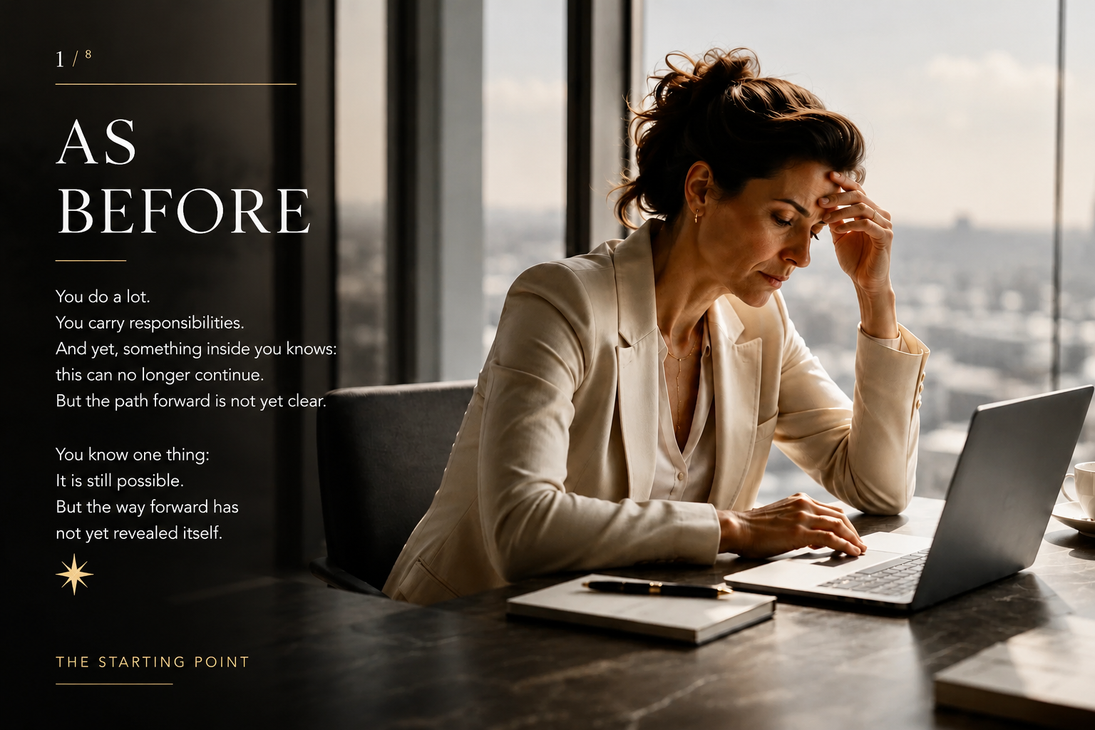 A successful businesswoman sits thoughtfully at her desk in front of a laptop in a modern office. The image represents inner pressure despite professional success, emotional reflection, female leadership, self-leadership, executive coaching, personal development, mental wellbeing, clarity and the beginning of a transformational journey through SHEJA mentoring.