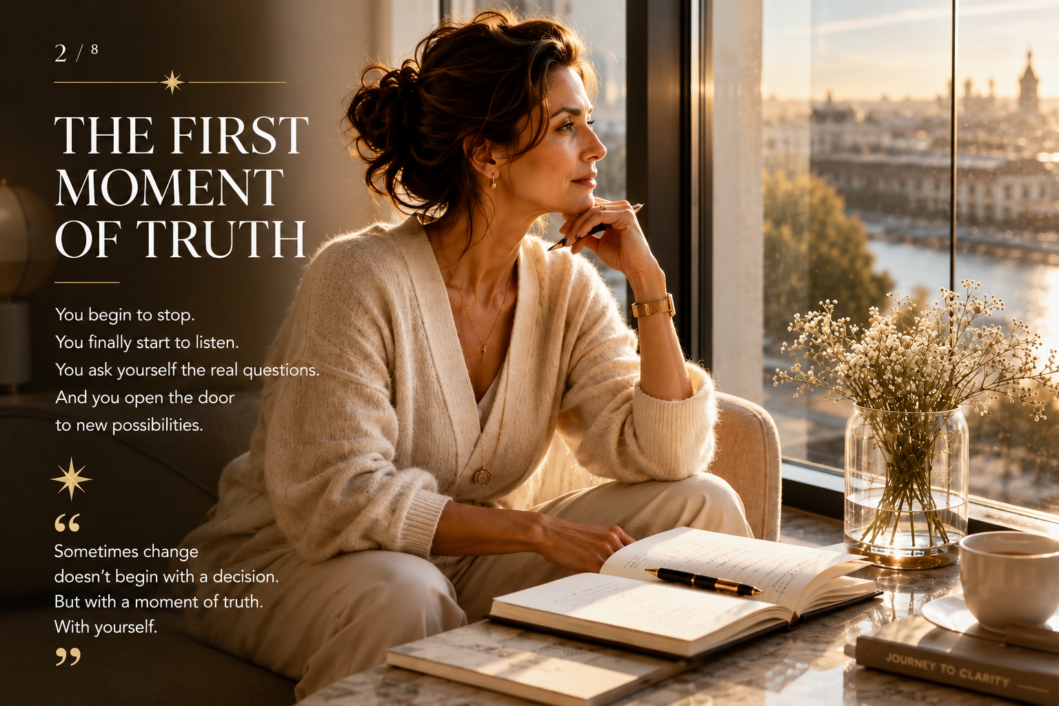 A thoughtful woman sits by a large window at sunset holding a pen above an open journal while reflecting in silence. The image represents self-reflection, emotional clarity, conscious transformation, women's personal growth, female leadership, self-leadership, mindfulness and the beginning of the SHEJA mentoring journey.