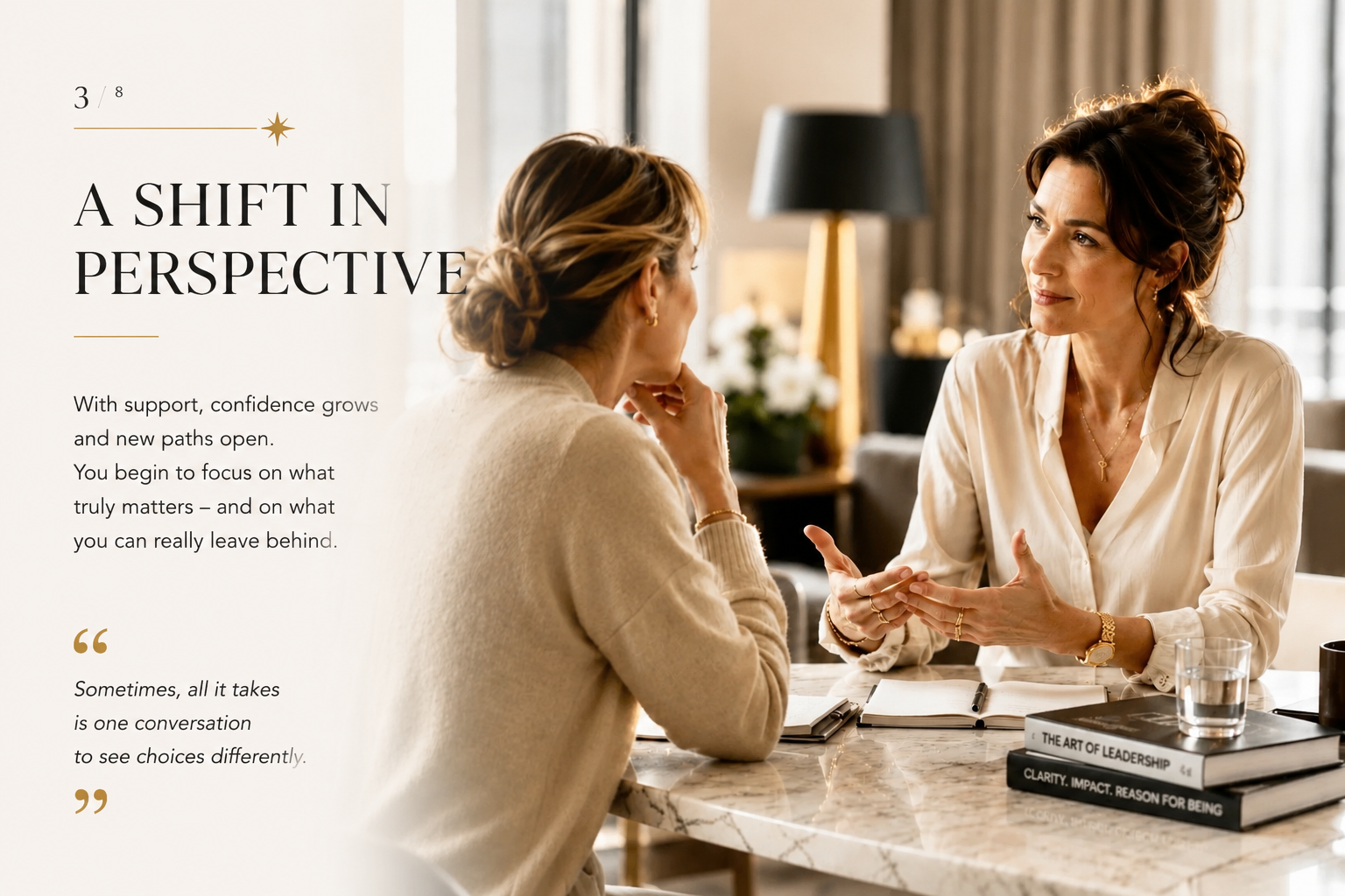 A woman engages in a meaningful one-to-one mentoring conversation with a client in a calm and elegant setting. The image represents executive coaching, female leadership, personal growth, self-leadership, mindset transformation, clarity, conscious decision-making and the SHEJA mentoring experience.