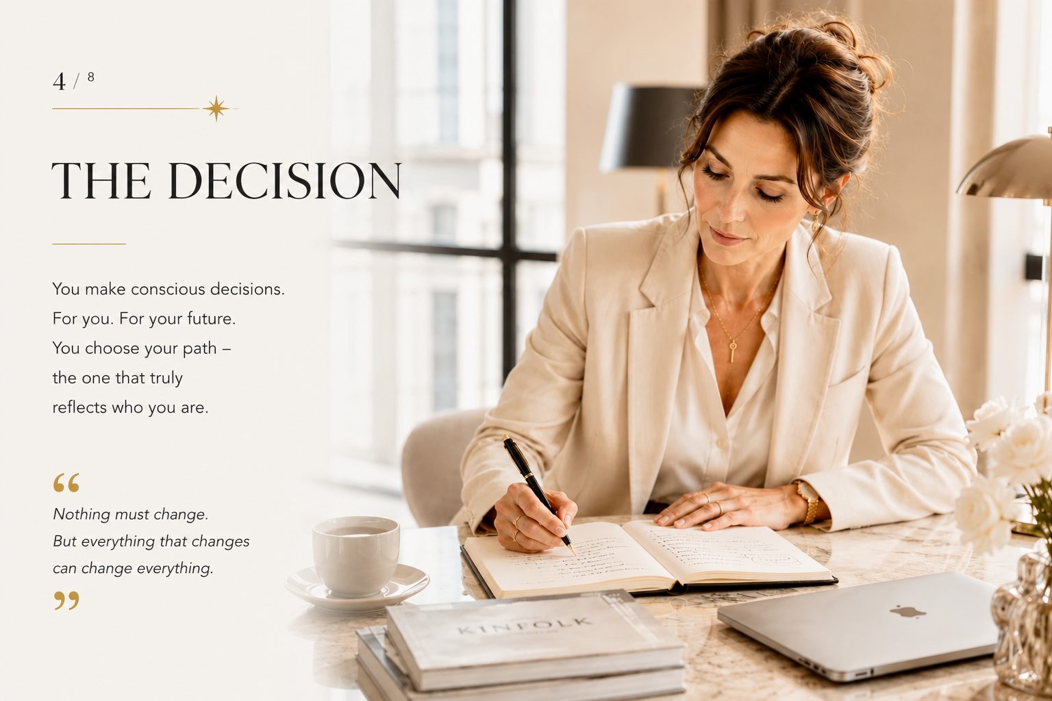 An elegant woman writes thoughtfully in her journal at a refined workspace. The image represents conscious decision-making, executive coaching, female leadership, self-leadership, business mentoring, personal growth, clarity, purpose and transformation through the SHEJA mentoring experience