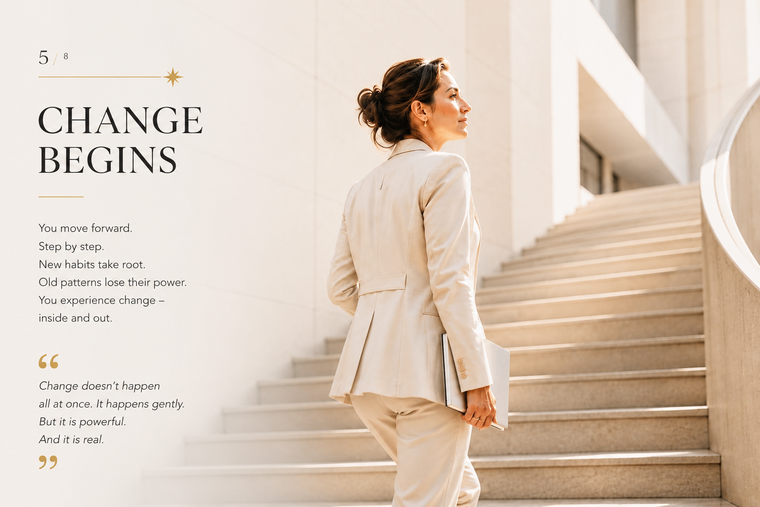 An elegant woman confidently walks up a modern staircase holding a notebook. The image represents personal transformation, executive leadership, female leadership, self-leadership, growth, sustainable change, conscious habits, business mentoring and the SHEJA mentoring experience.