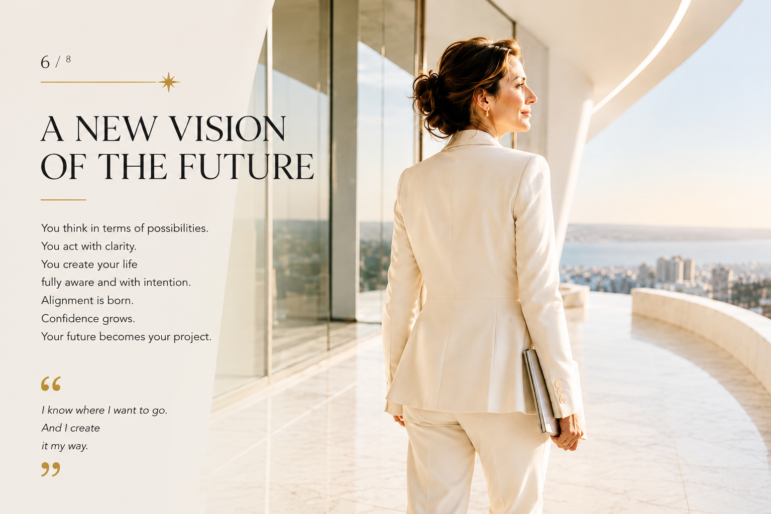 An elegant woman confidently overlooks a modern city while holding a notebook. The image represents future vision, executive leadership, female leadership, strategic thinking, self-leadership, personal growth, business mentoring, clarity, purpose and transformation through the SHEJA mentoring experience.