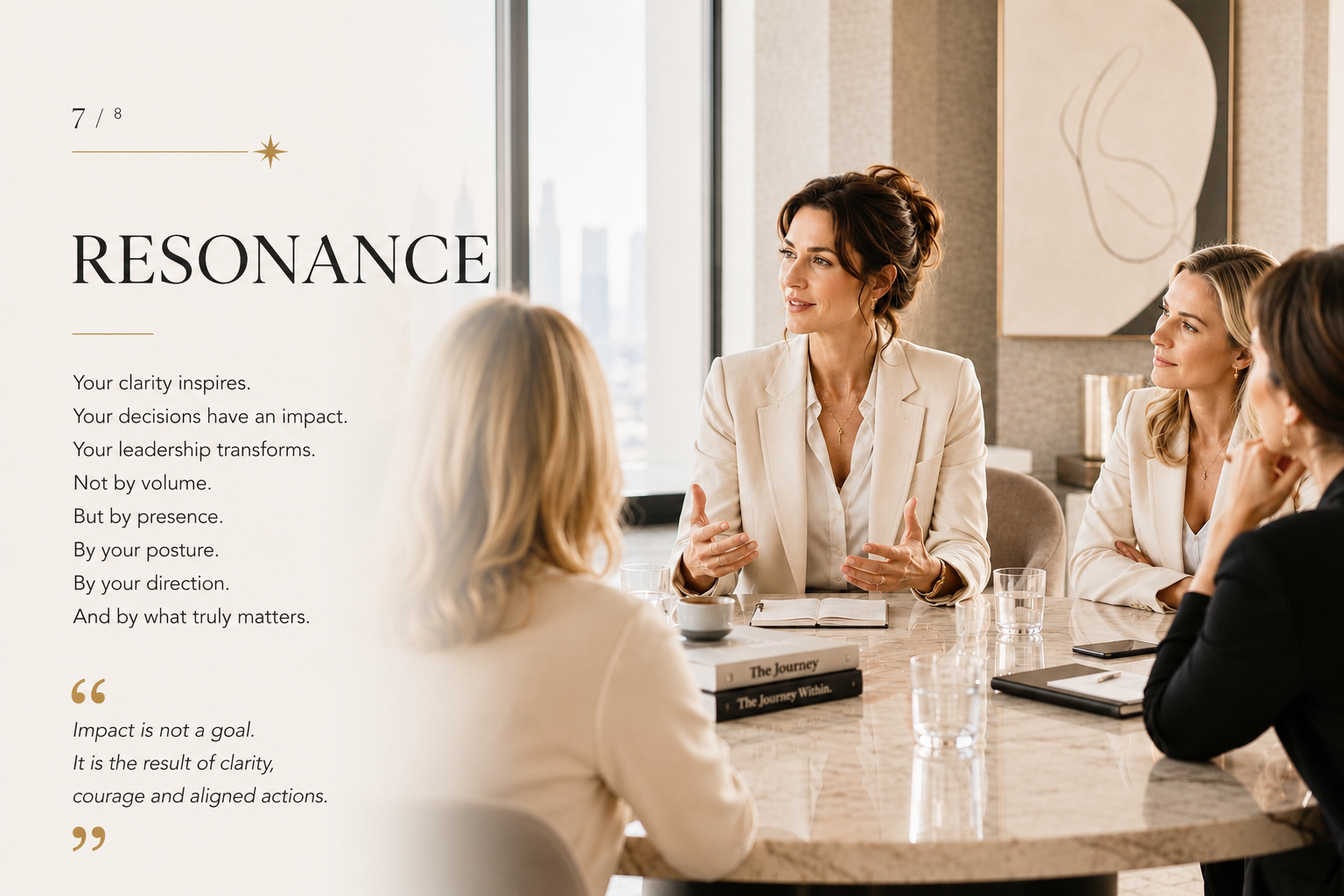 An elegant woman leads an inspiring leadership discussion with a group in a modern meeting room. The image represents executive leadership, female leadership, business mentoring, communication, team development, strategic leadership, self-leadership, clarity and lasting impact through the SHEJA mentoring experience.