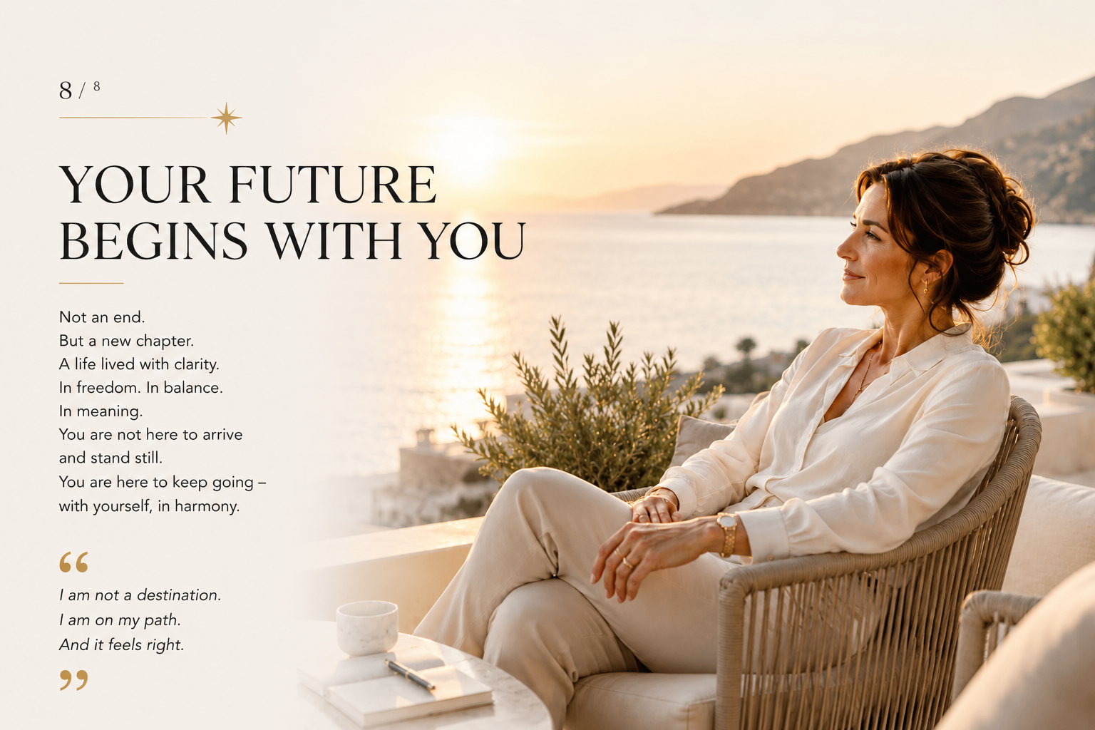 An elegant woman sits peacefully on a terrace overlooking the sea at sunset. The image represents self-leadership, female leadership, executive coaching, personal transformation, inner clarity, purpose, confidence, mindful living, balance and the SHEJA mentoring journey.