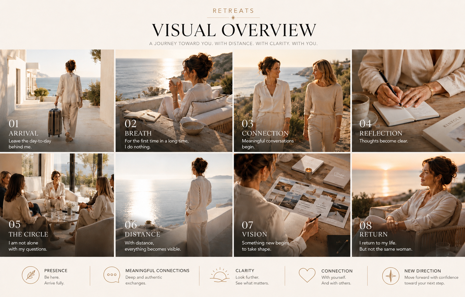 Collage showing eight moments from a SHEJA retreat including arrival, reflection, coaching conversations, journaling, group dialogue, mindfulness by the sea and personal transformation. The images represent leadership development, nervous system regulation, self-leadership, personal growth and conscious living.