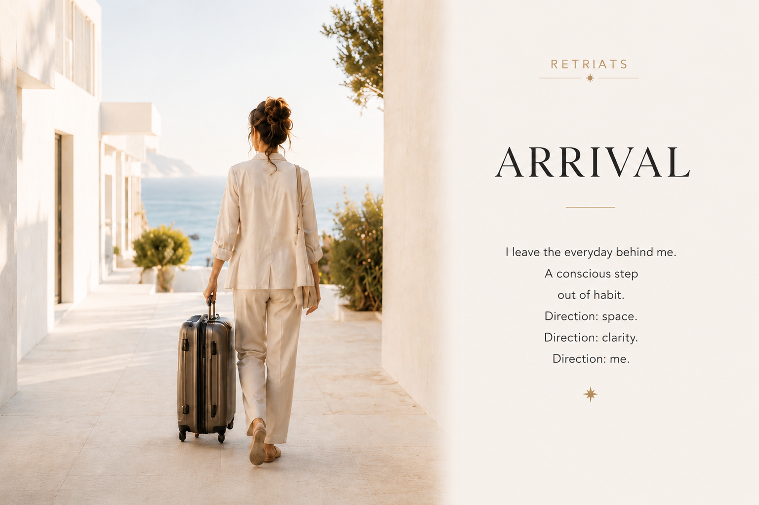 A woman walks through a bright Mediterranean courtyard pulling a suitcase toward the sea. The image represents arrival, leaving everyday life behind, inner calm, conscious transition and the beginning of a personal transformation journey at a SHEJA Retreat.