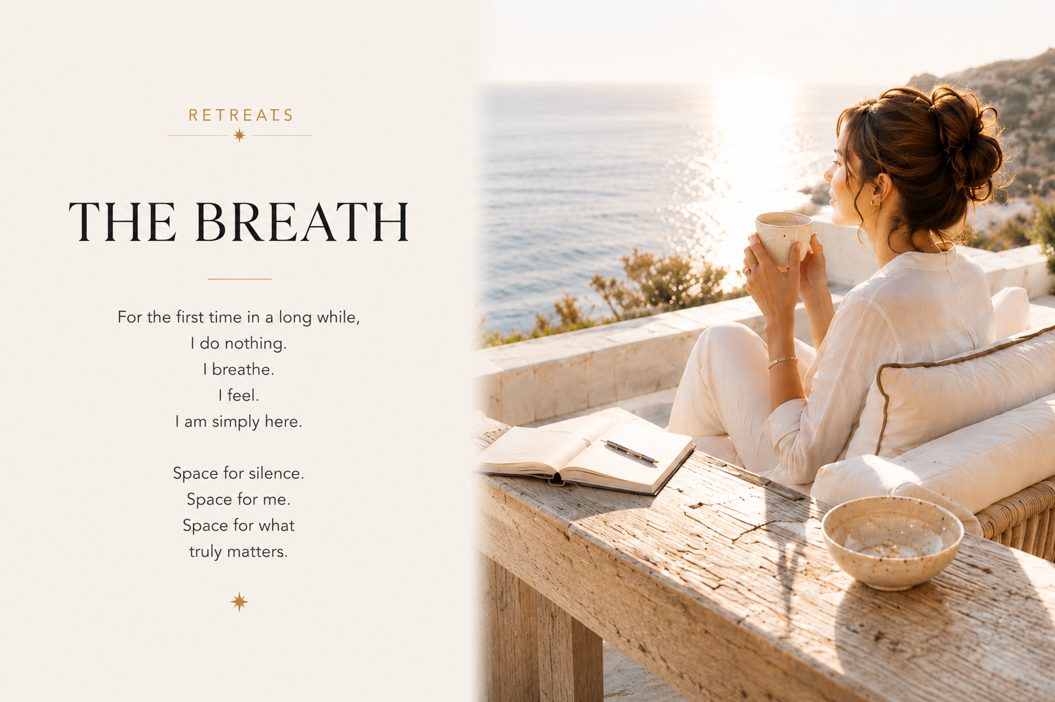 A woman sits peacefully on a sunlit terrace overlooking the sea, holding a cup while an open journal rests beside her. The image represents conscious breathing, presence, restoration, inner calm and the first moments of slowing down during a SHEJA Retreat.