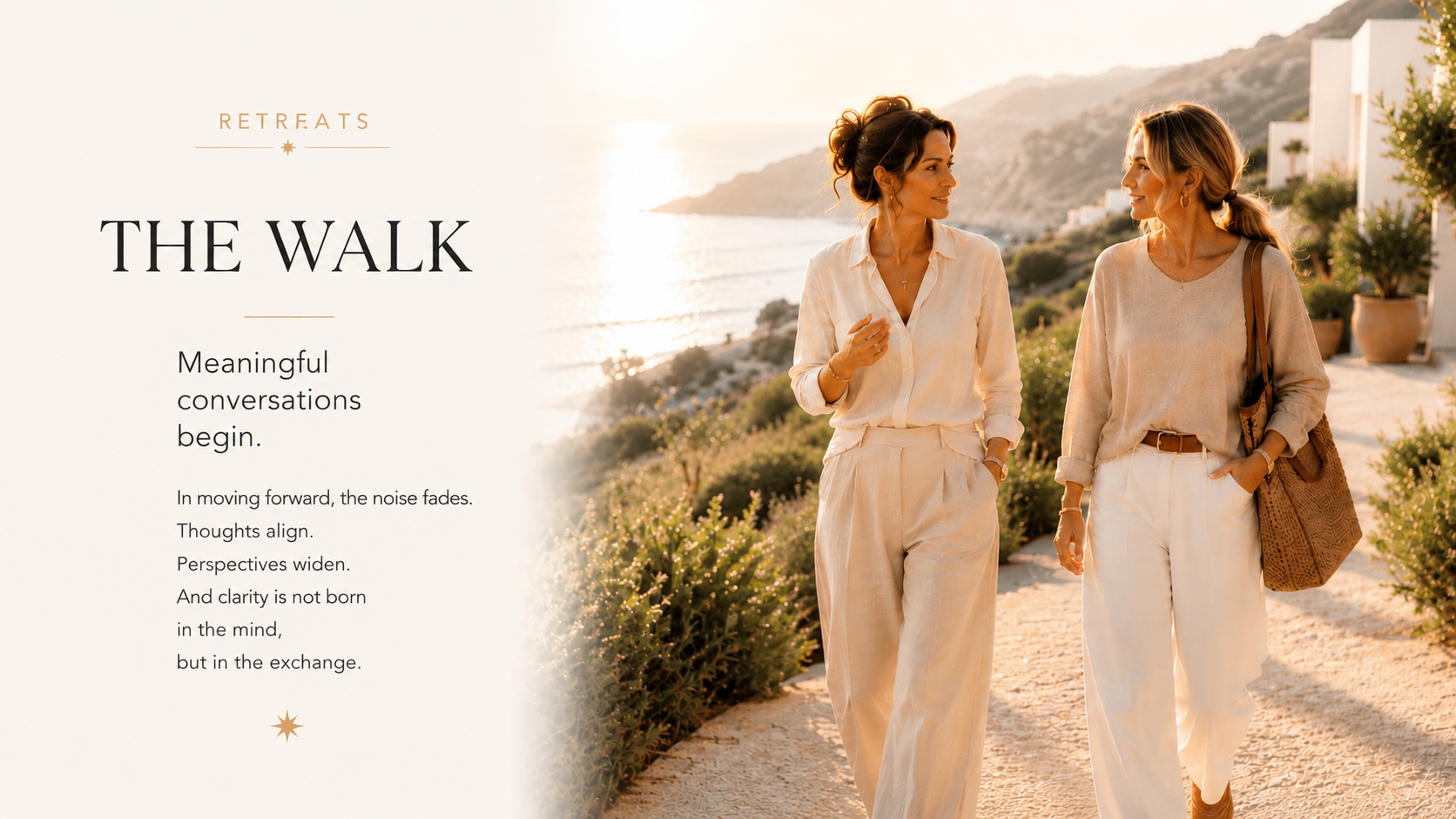 Two women walk side by side along a peaceful coastal path at sunset, engaged in a calm and meaningful conversation. The image represents trust, clarity, authentic connection, personal growth and reflective dialogue during a SHEJA Retreat.